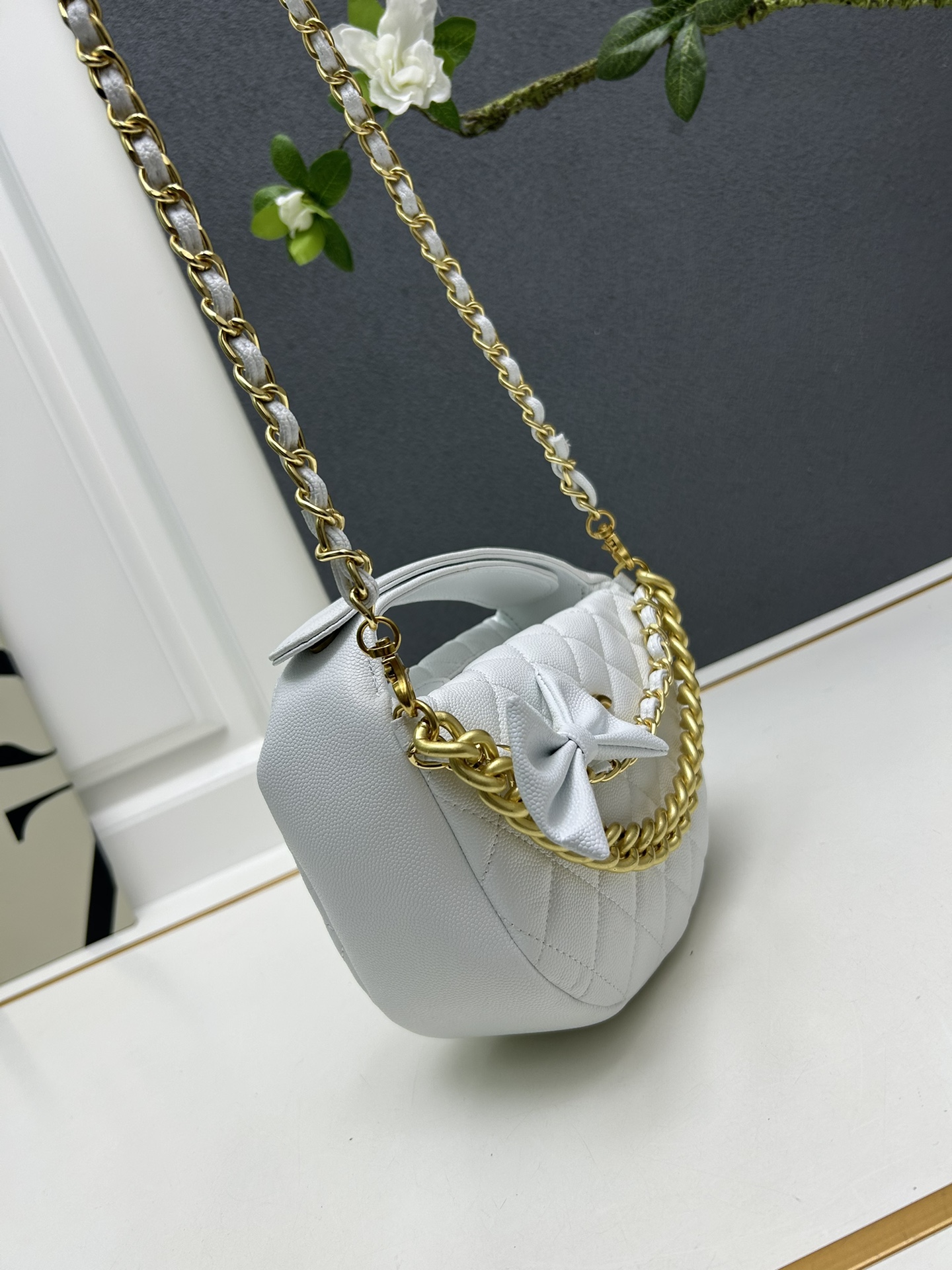 CC Inspired Shiny Caviar Quilted Bow Pouch Hobo White - Gorchic - $145.99