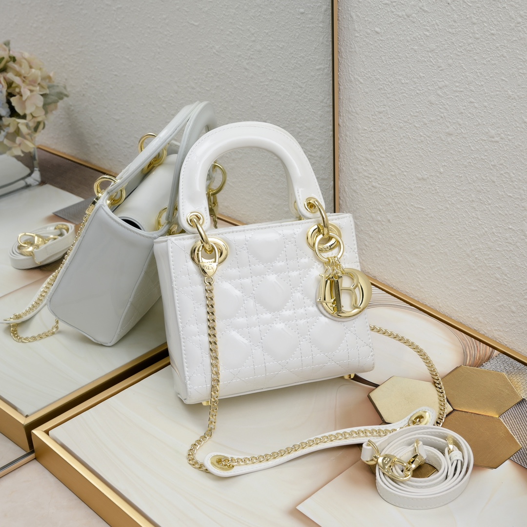 D Inspired Mini Lady D Inspired Bag Powder White Patent Cannage Calfskin Golden Hardware - Bag - Gorchic - $138.99