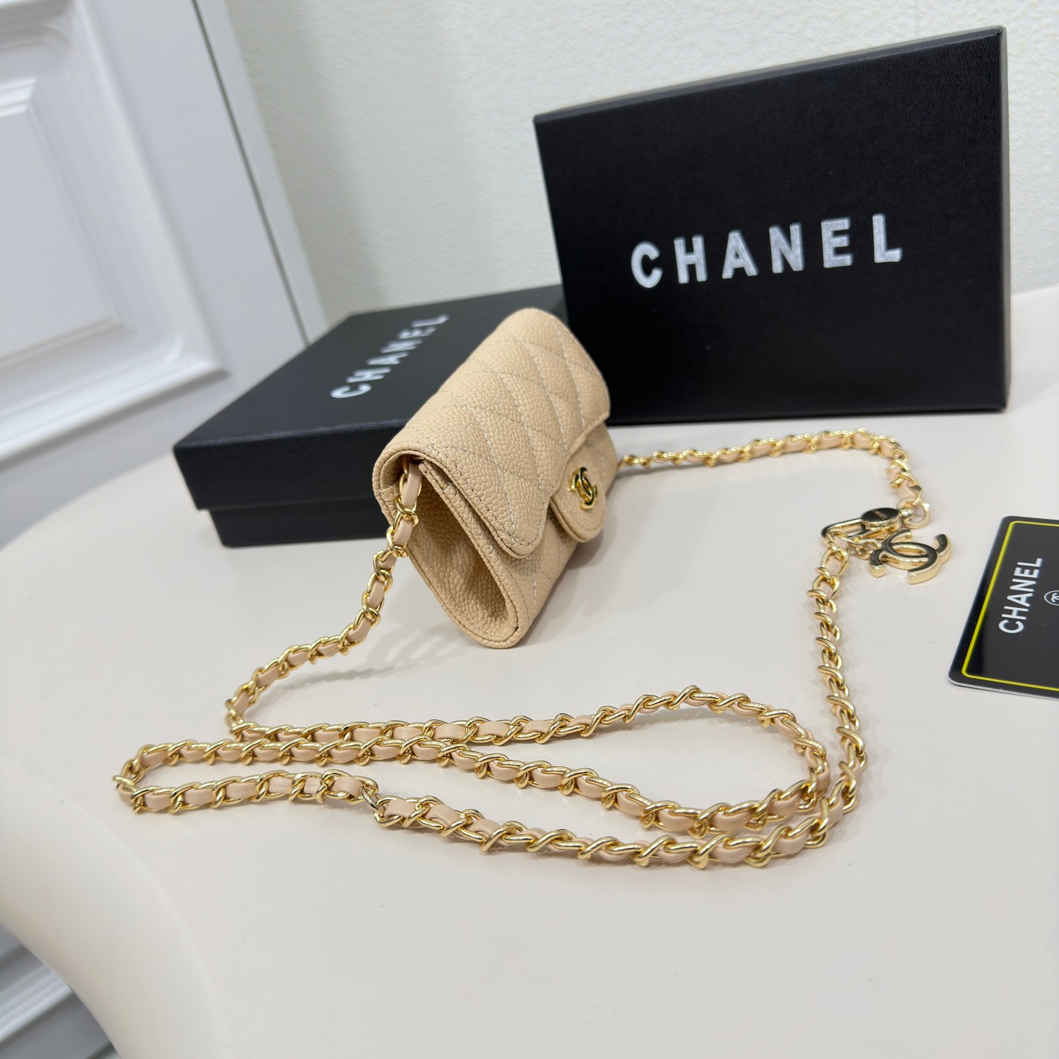 CC Inspired Beige Metallic Calfskin Quilted Flap Chain Waist Bag - Gorchic - $83.99