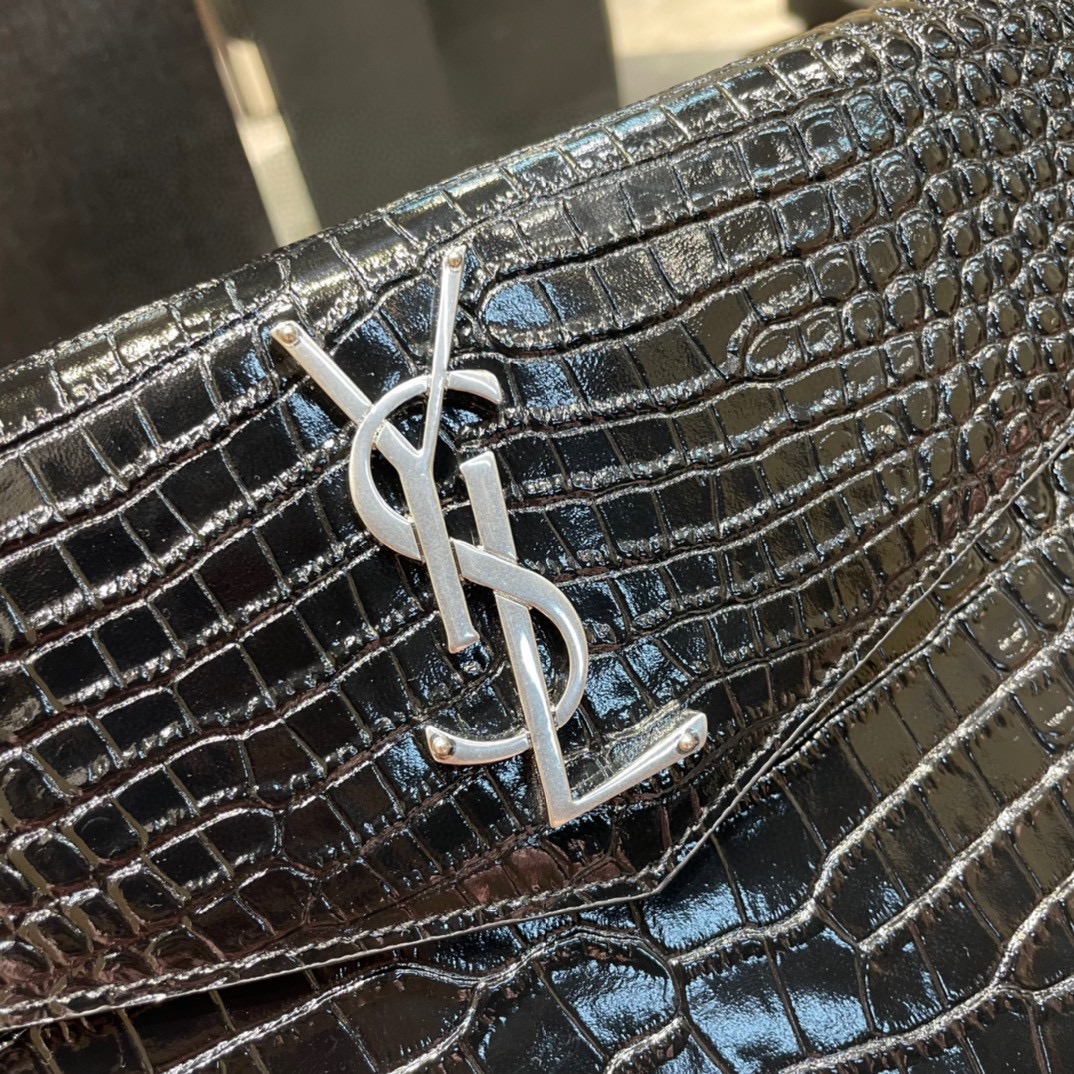 Lady Designer Uptown  POUCH IN CROCODILE-EMBOSSED SHINY LEATHER BLACK-Sier hardware - Bag - Gorchic - $122.99