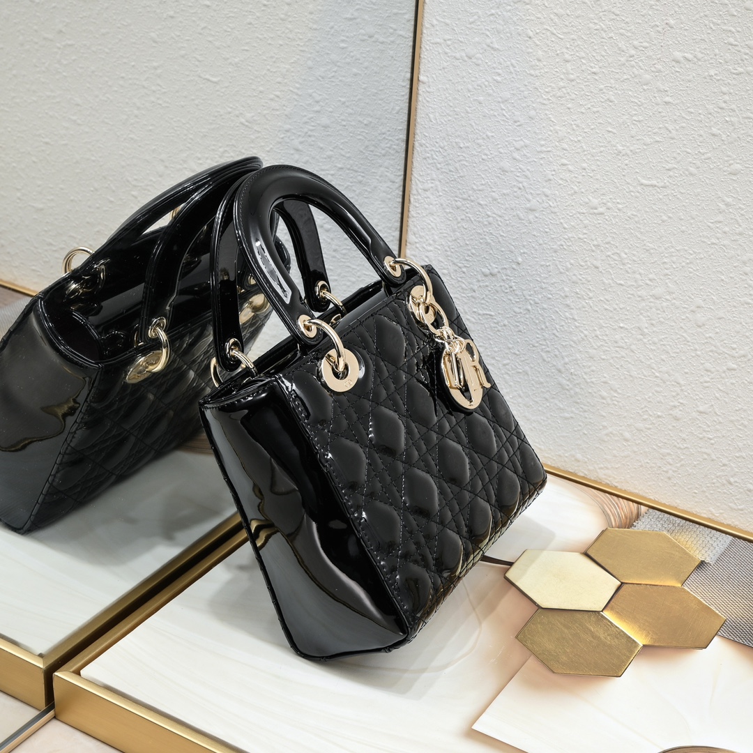 D Inspired Small Lady D Inspired Bag Powder Black Patent Cannage Calfskin Golden Hardware - Bag - Gorchic - $144.99