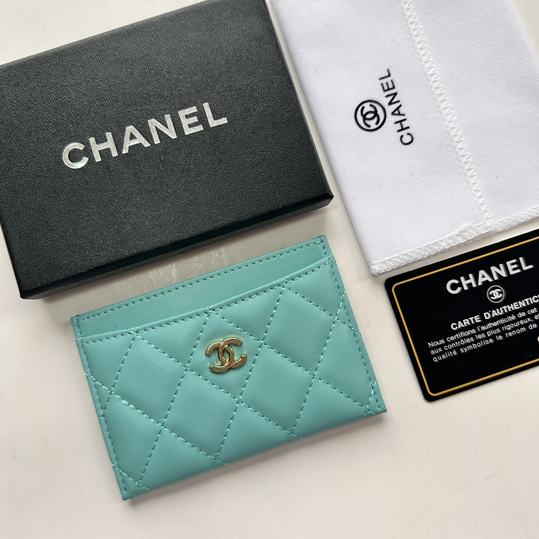 CC Inspired CLASSIC CARD HOLDER Grained Shiny Calfskin & Gold-Tone Metal Light Blue -Wallet - Gorchic - $37.99