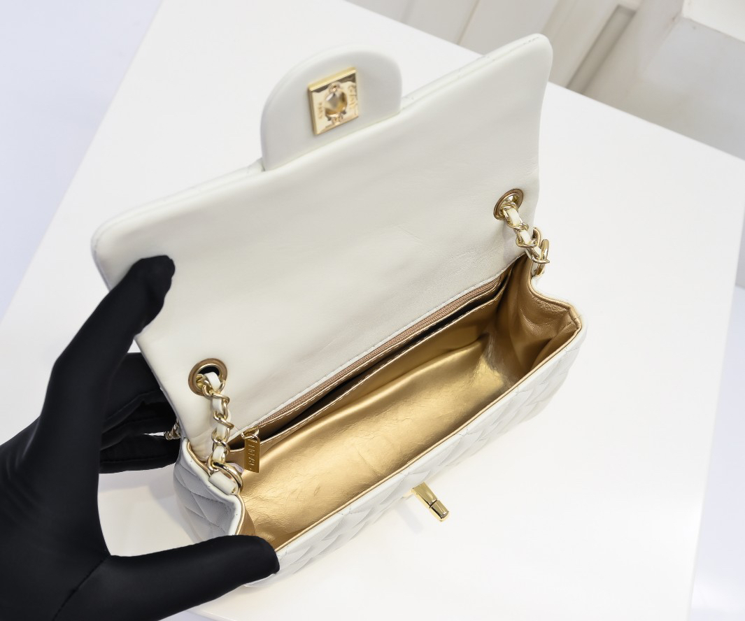 CC Inspired Classic Flag Bag Pearl Crush Mini Square White Calfskin Light Gold Hardware - Bag - Gorchic - $127.99