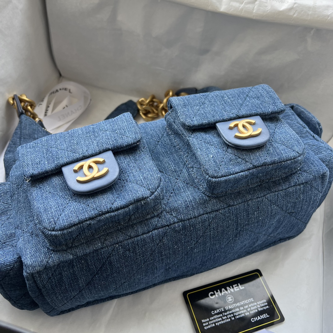 Double-G Hobo Washed Denim And Gold-Tone Metal  Blue Bag - Gorchic - $127.99
