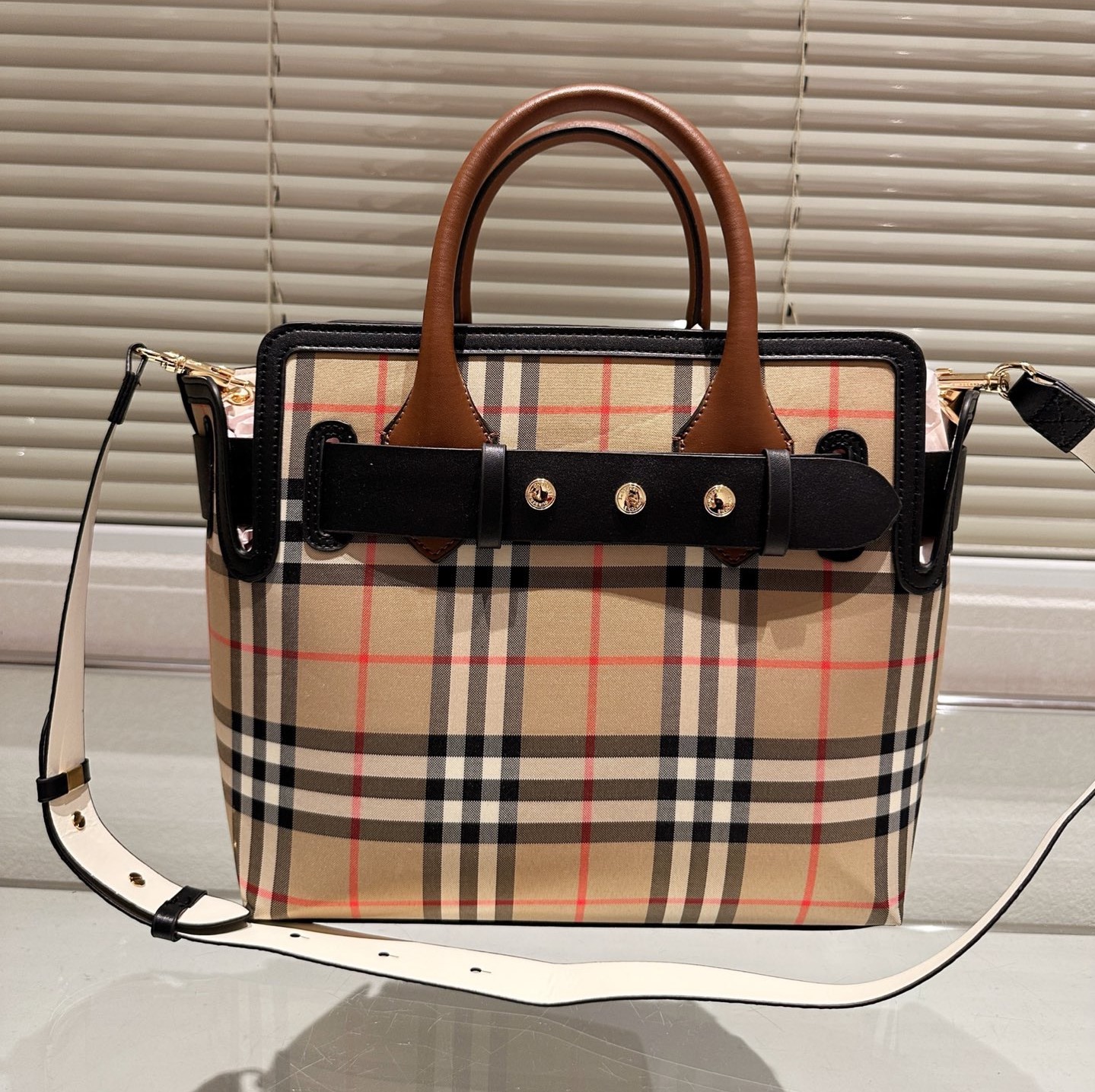 BURBERY Calfskin Vintage Check Triple Stud Mini Belt Bag Archive Beige - Bag - Gorchic - $137.99