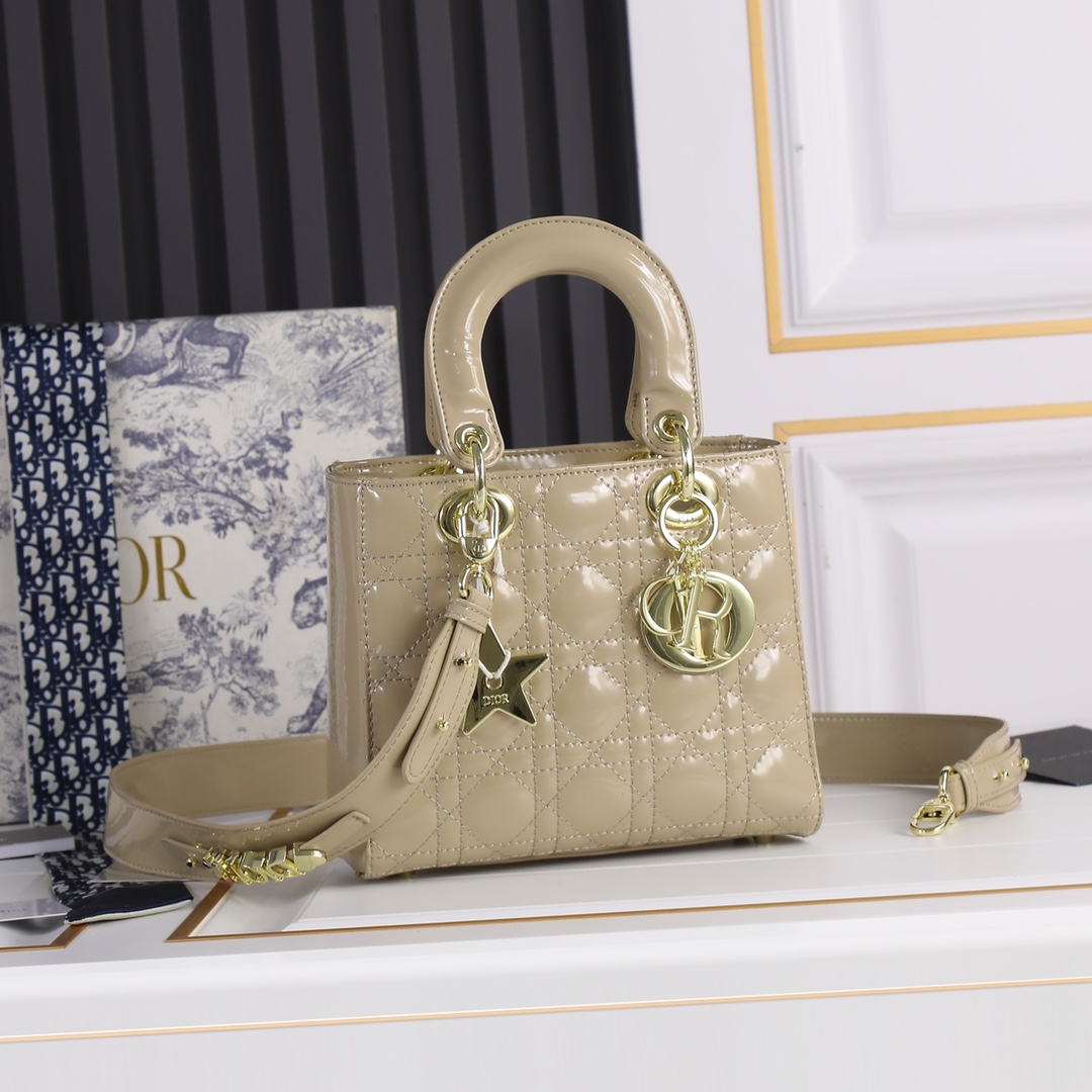 D Inspired Small Lady D Inspired Bag Powder Sand-Colored Patent Cannage Calfskin Golden Hardware - Bag - Gorchic - $144.99