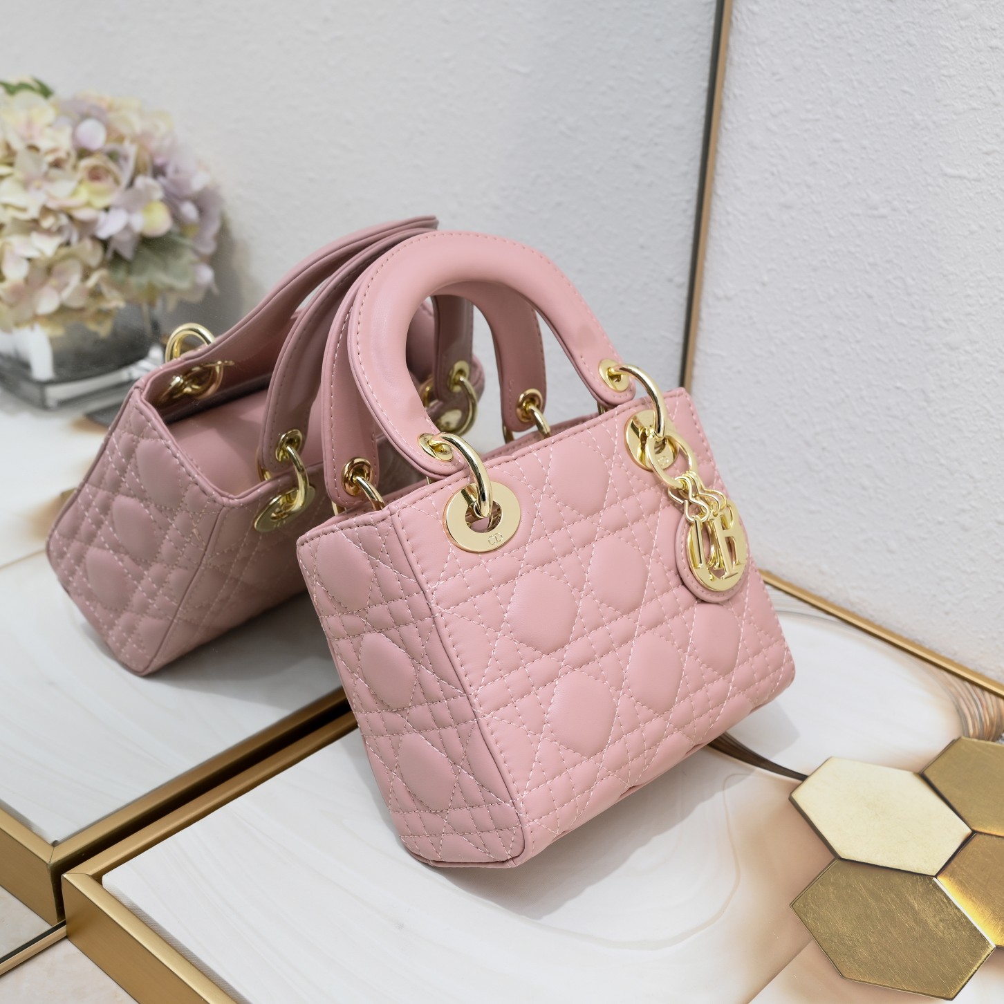 D Inspired Mini Lady D Inspired Bag Pink Cannage Calfskin Golden Hardware - Bag - Gorchic - $138.99