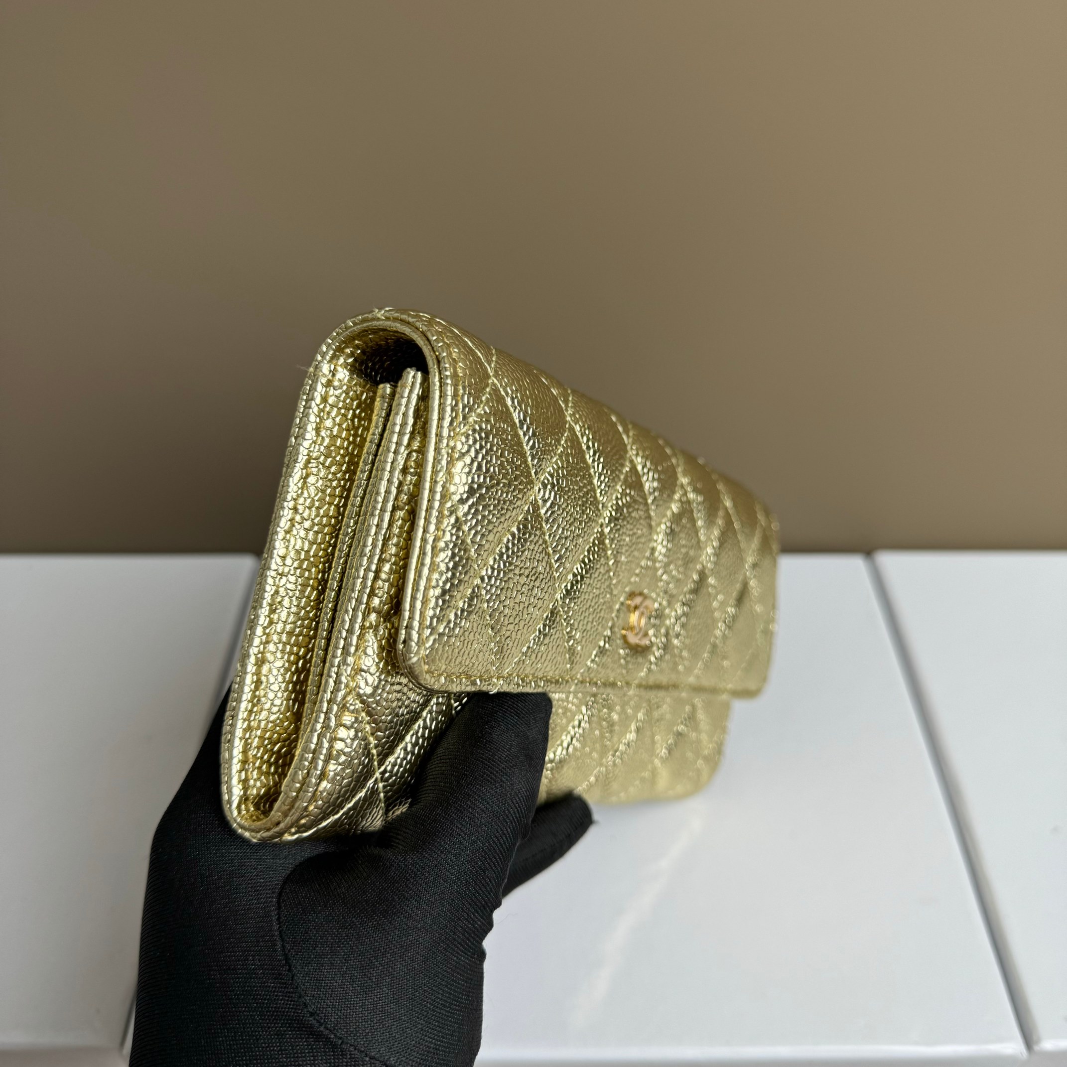 CC Inspired Counterfeit Caviar Leather Wallet-Golden Fish Seed Pattern Wallet - Gorchic - $59.99