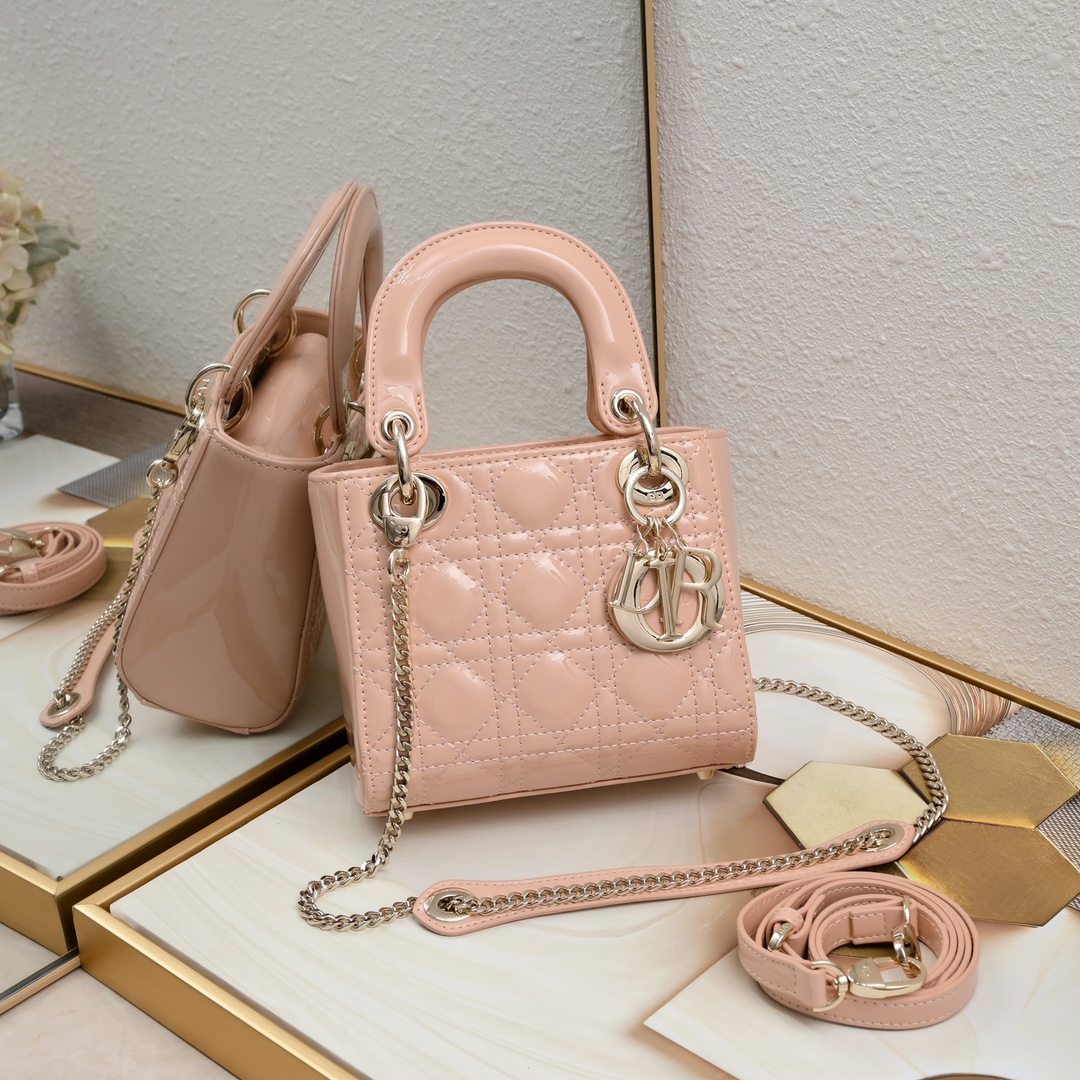 D Inspired Mini Lady D Inspired Bag Powder Pink Patent Cannage Calfskin Golden Hardware - Bag - Gorchic - $138.99