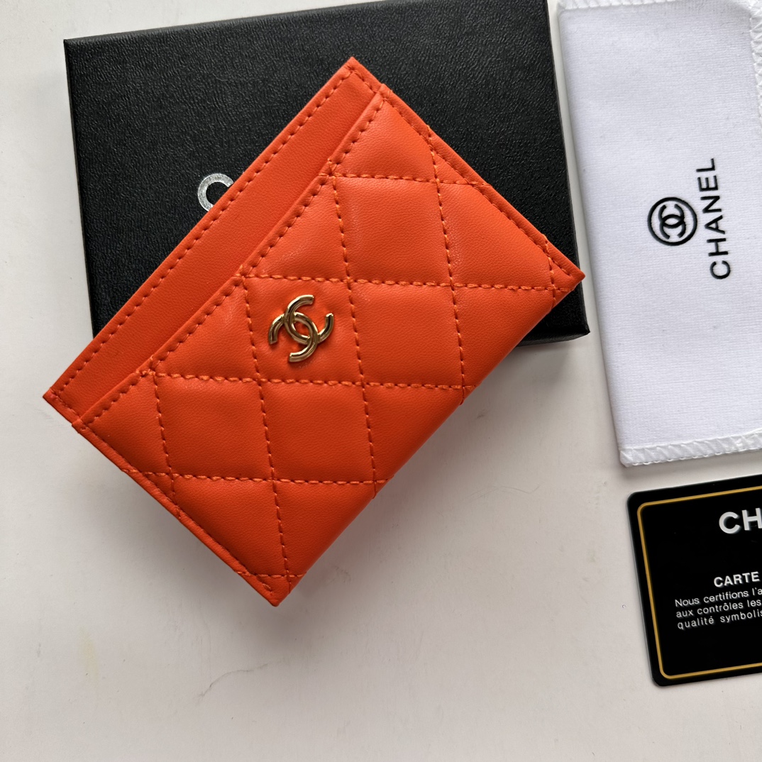 CC Inspired CLASSIC CARD HOLDER Grained Calfskin Orange Wallet - Gorchic - $37.99