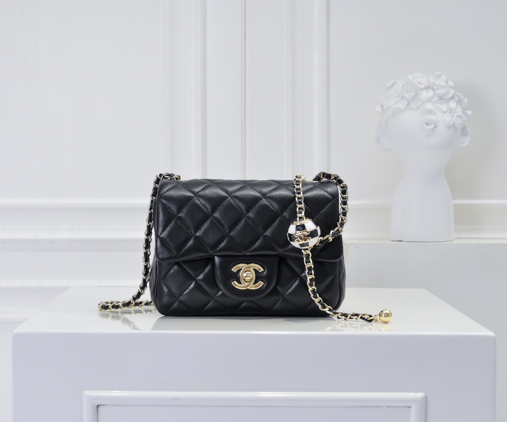 CC Inspired Classic Flag Bag CC Pearl Crush Mini Square Flap Bag Black Calfskin Antique Gold Hardware - Bag - Gorchic - $127.99