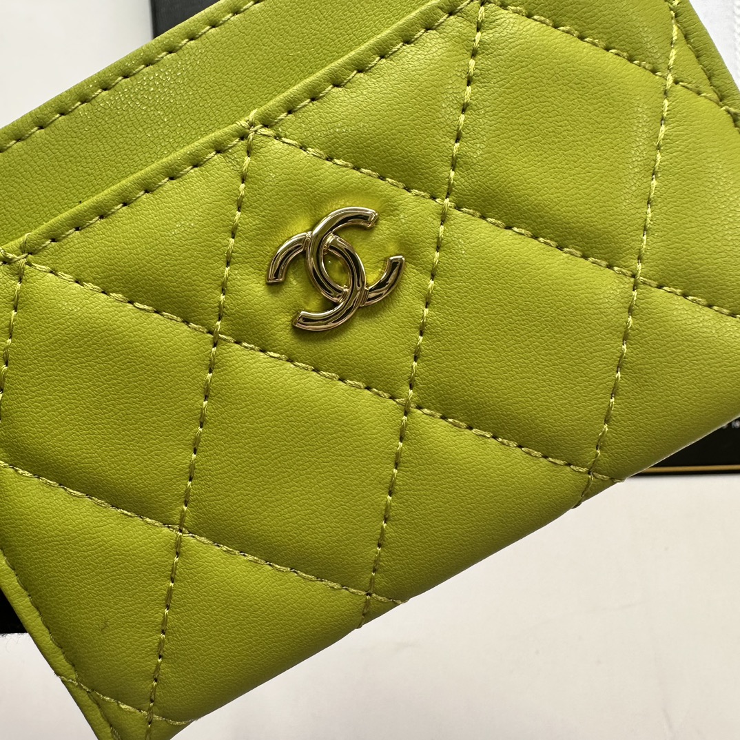 CC Inspired CLASSIC CARD HOLDER Grained Shiny Calfskin & Gold-Tone Metal Green -Wallet - Gorchic - $37.99
