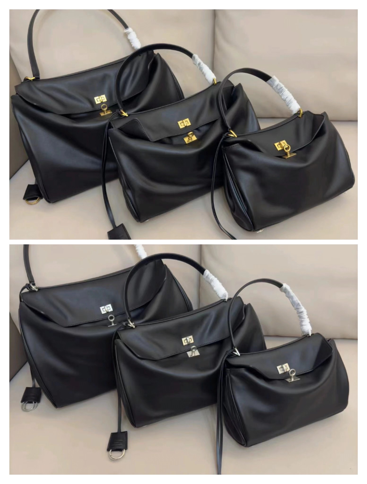 Hourglass iconic Rodeo leather shoulder bag in Black and aged-sliver hardware Multiple Size - Bag - Gorchic - $169.99