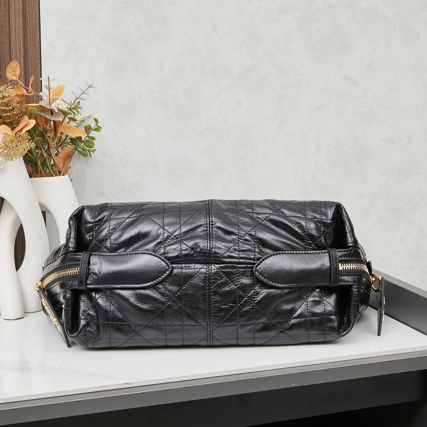 D Inspired D-Journey Bag in Crinkled Calfskin-Black Flat Macrocannage - Gorchic - $132.99