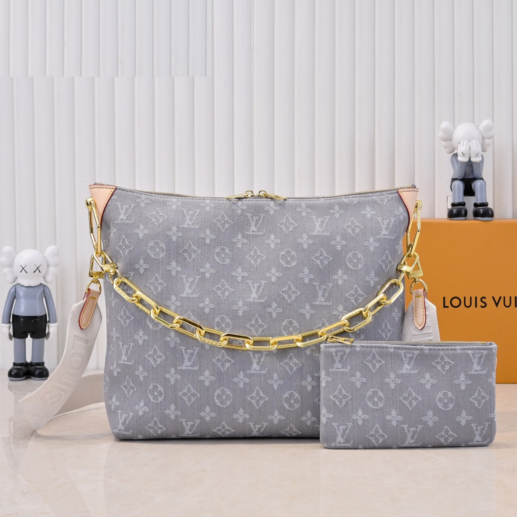 Designer Monogram Coussin Hobo MM Grey Denim Bag - Gorchic - $122.99