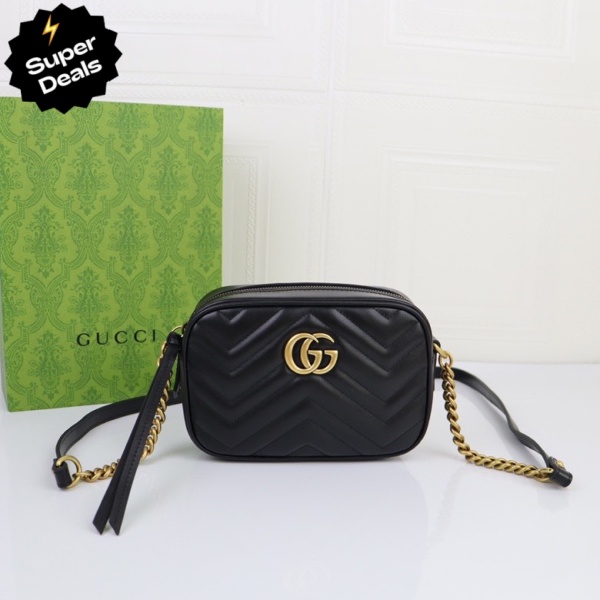 Double-G Calfskin Matelasse Mini GG Marmont Chain Shoulder Bag Black - Bag - Gorchic - $113.99
