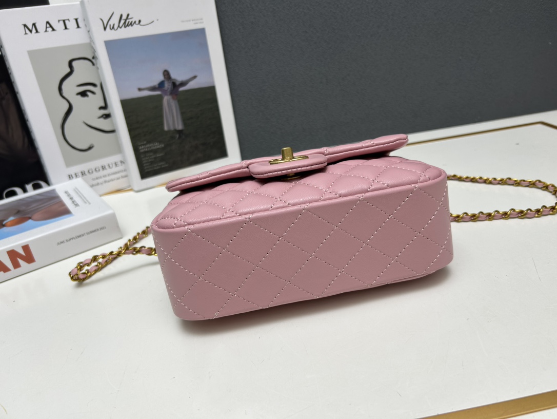 CC Inspired Mini Square Pearl Flap Bag Light Pink Leather Gold Hardware - Gorchic - $132.99