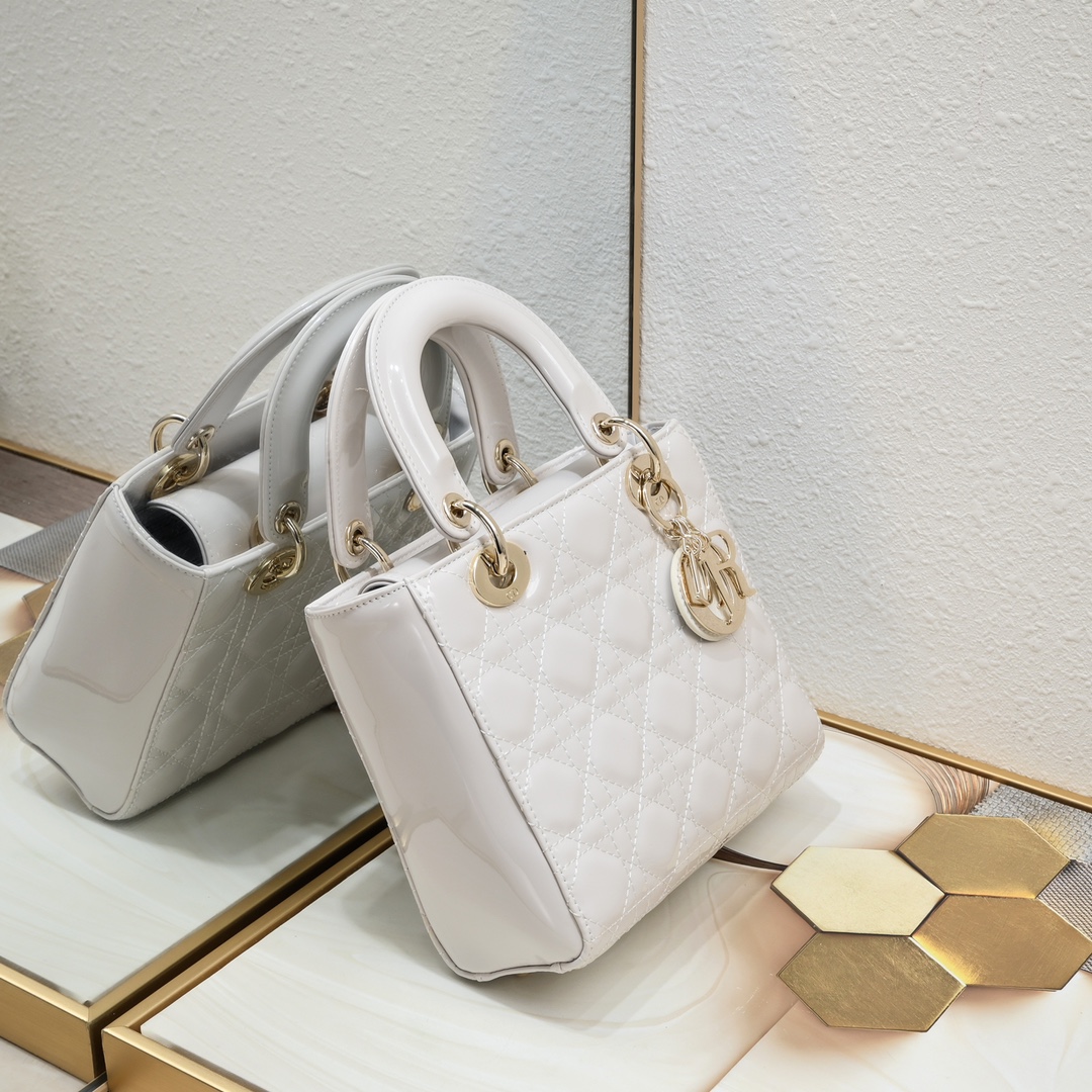 D Inspired Small Lady D Inspired Bag Powder White Patent Cannage Calfskin Golden Hardware - Bag - Gorchic - $144.99