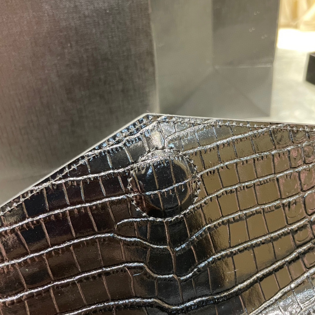 Lady Designer Uptown  POUCH IN CROCODILE-EMBOSSED SHINY LEATHER BLACK-Gold hardware - Bag - Gorchic - $122.99