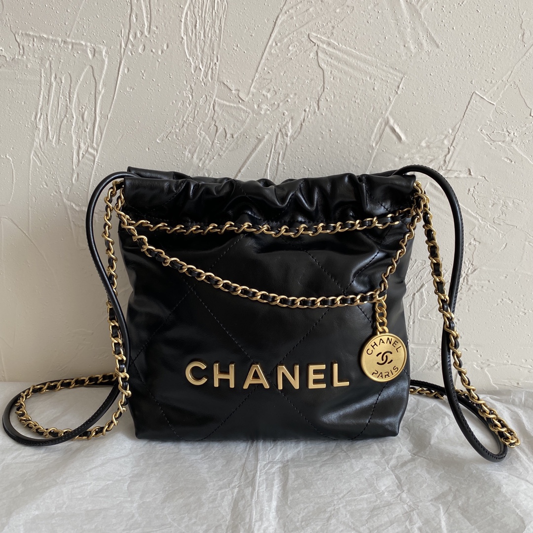 CC Inspired 22 MINI HANDBAG Shiny Calfskin & Gold-Tone Metal Black - Bag - Gorchic - $132.99