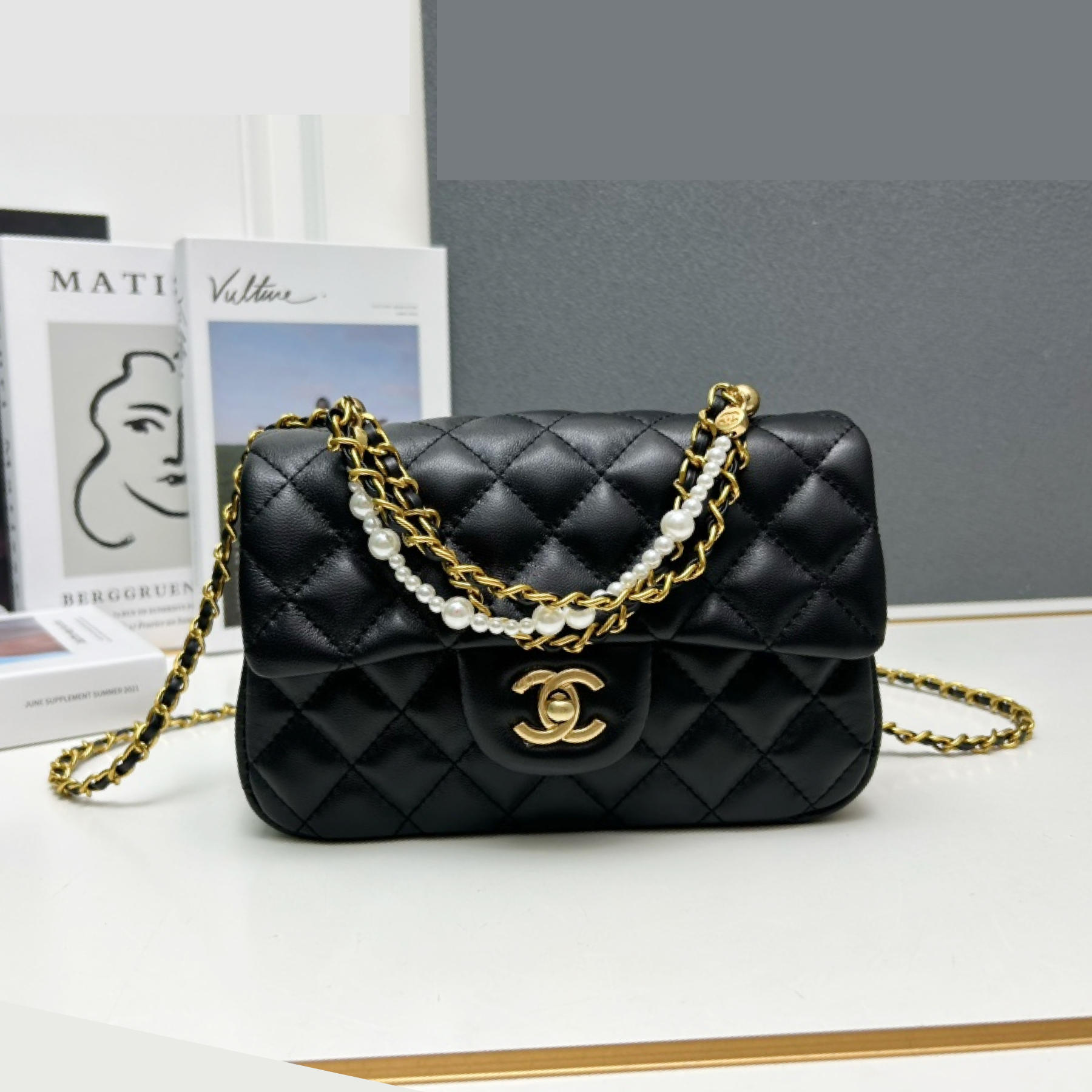 CC Inspired Mini Square Pearl Flap Bag Black Leather Gold Hardware - Gorchic - $132.99