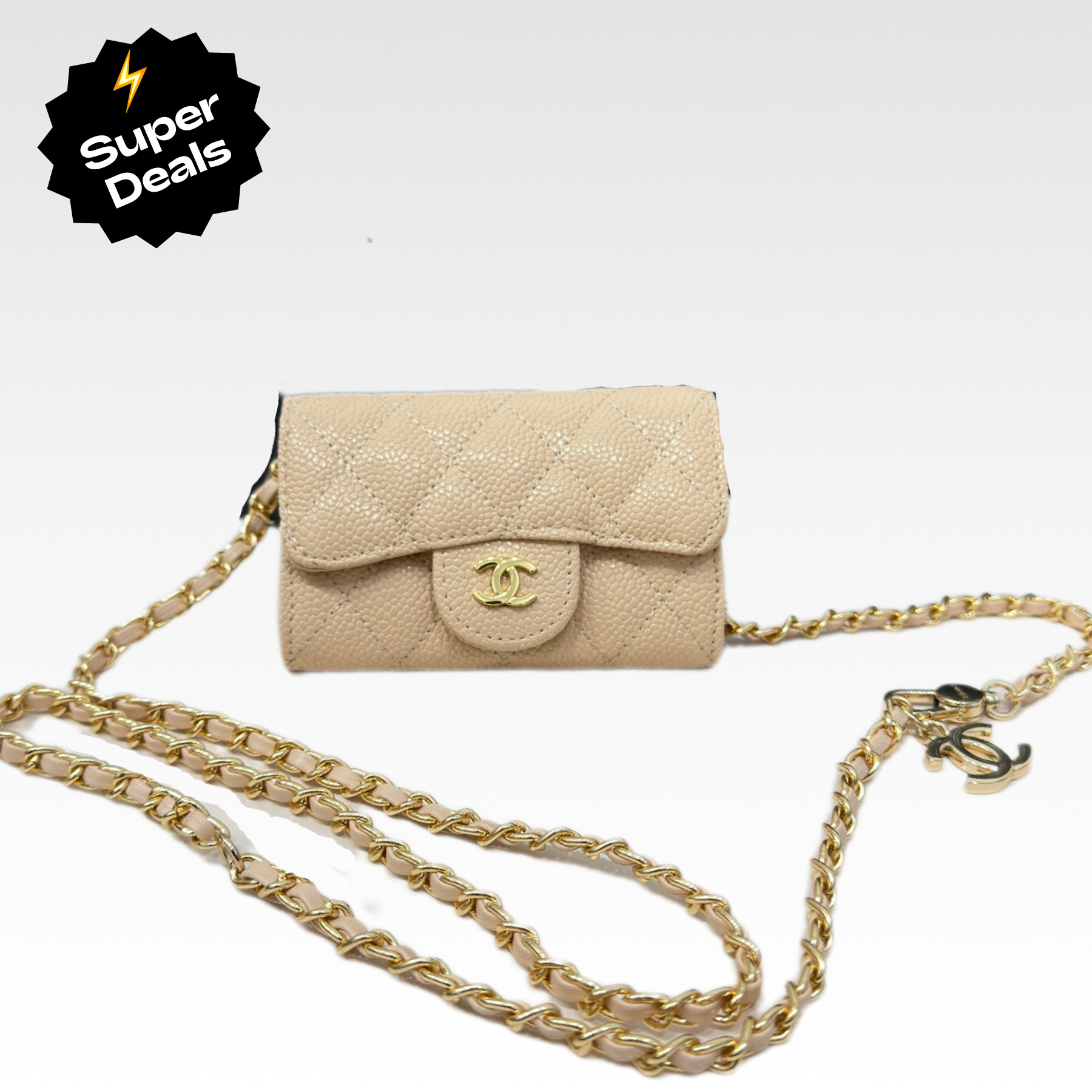 CC Inspired Beige Metallic Calfskin Quilted Flap Chain Waist Bag - Gorchic - $83.99