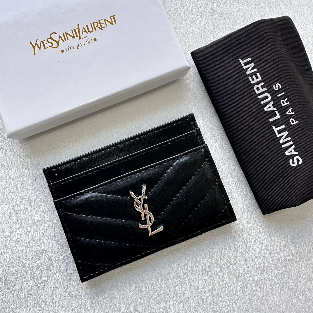 Lady Designer CASSANDRE MATELASSÉ card case in lambskin -Black and Sier Wallet - Gorchic - $35.99