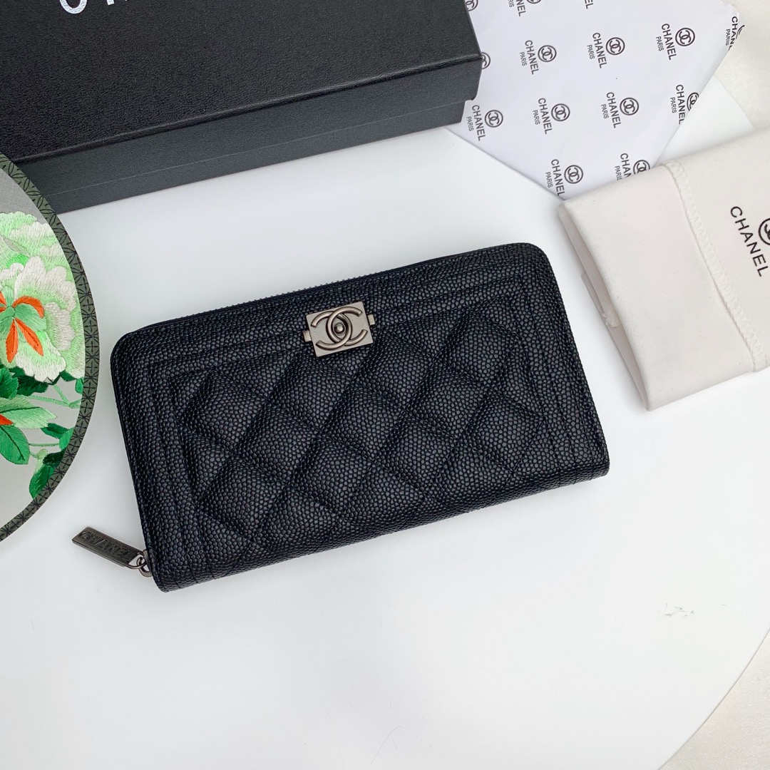 CC Inspired Zip Around Wallet Quilted Caviar Long-Fishseed Pattern Sier Wallet - Gorchic - $52.99