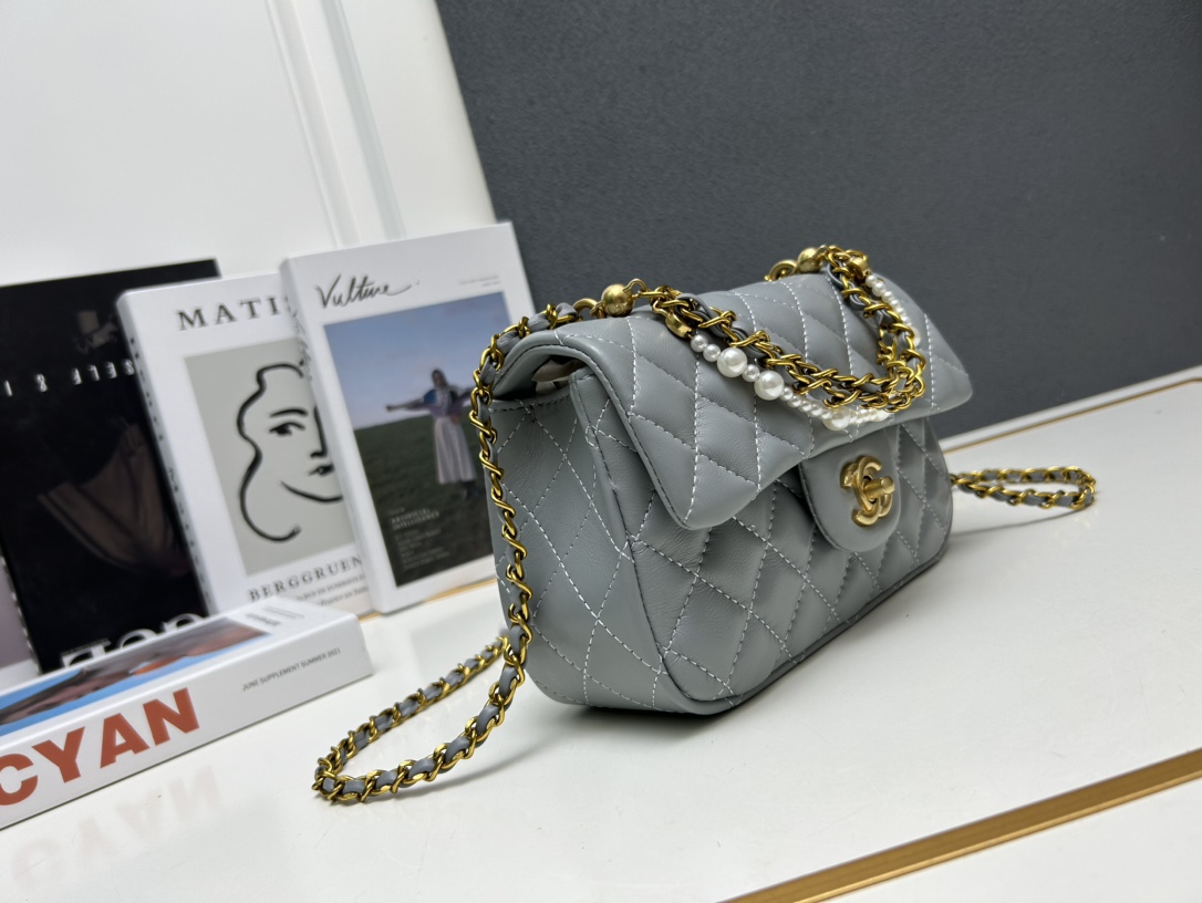 CC Inspired Mini Square Pearl Flap Bag Grey Leather Gold Hardware - Gorchic - $132.99
