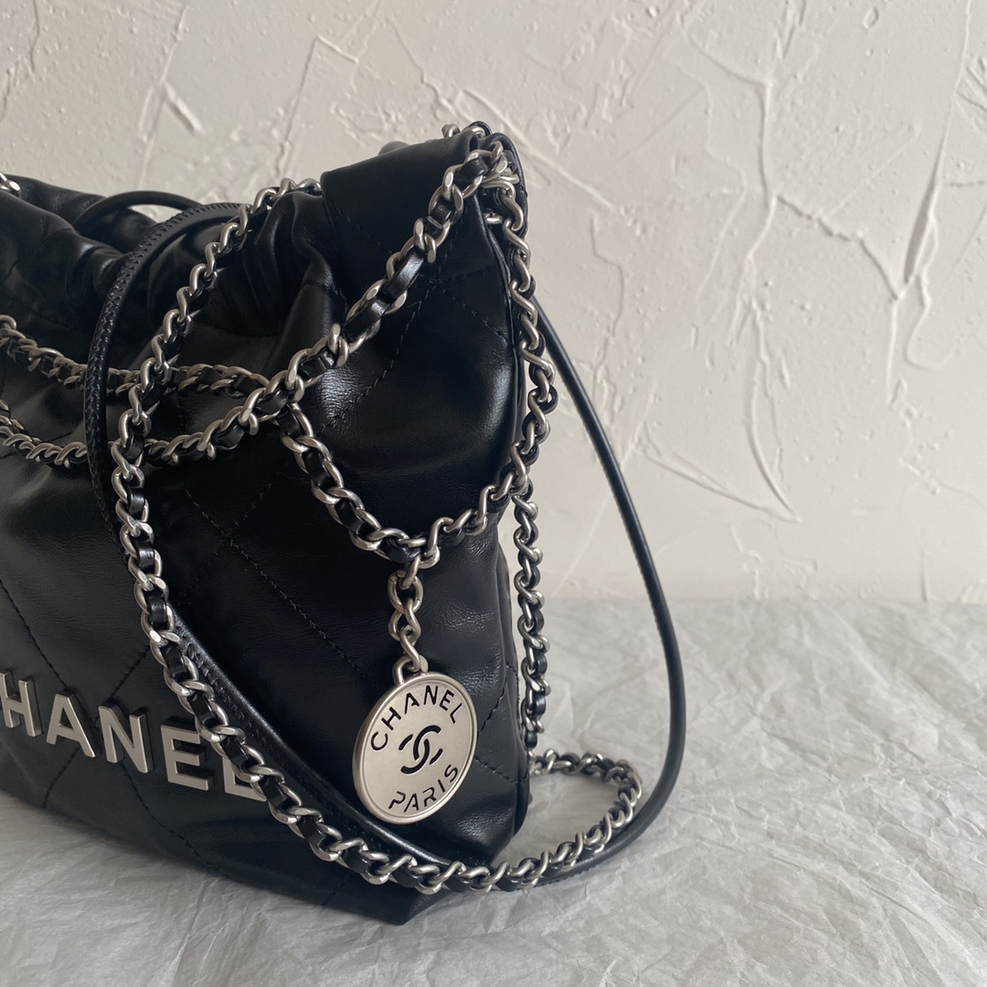 CC Inspired 22 MINI HANDBAG Shiny Calfskin & Sier-Tone Metal Black - Bag - Gorchic - $161.99