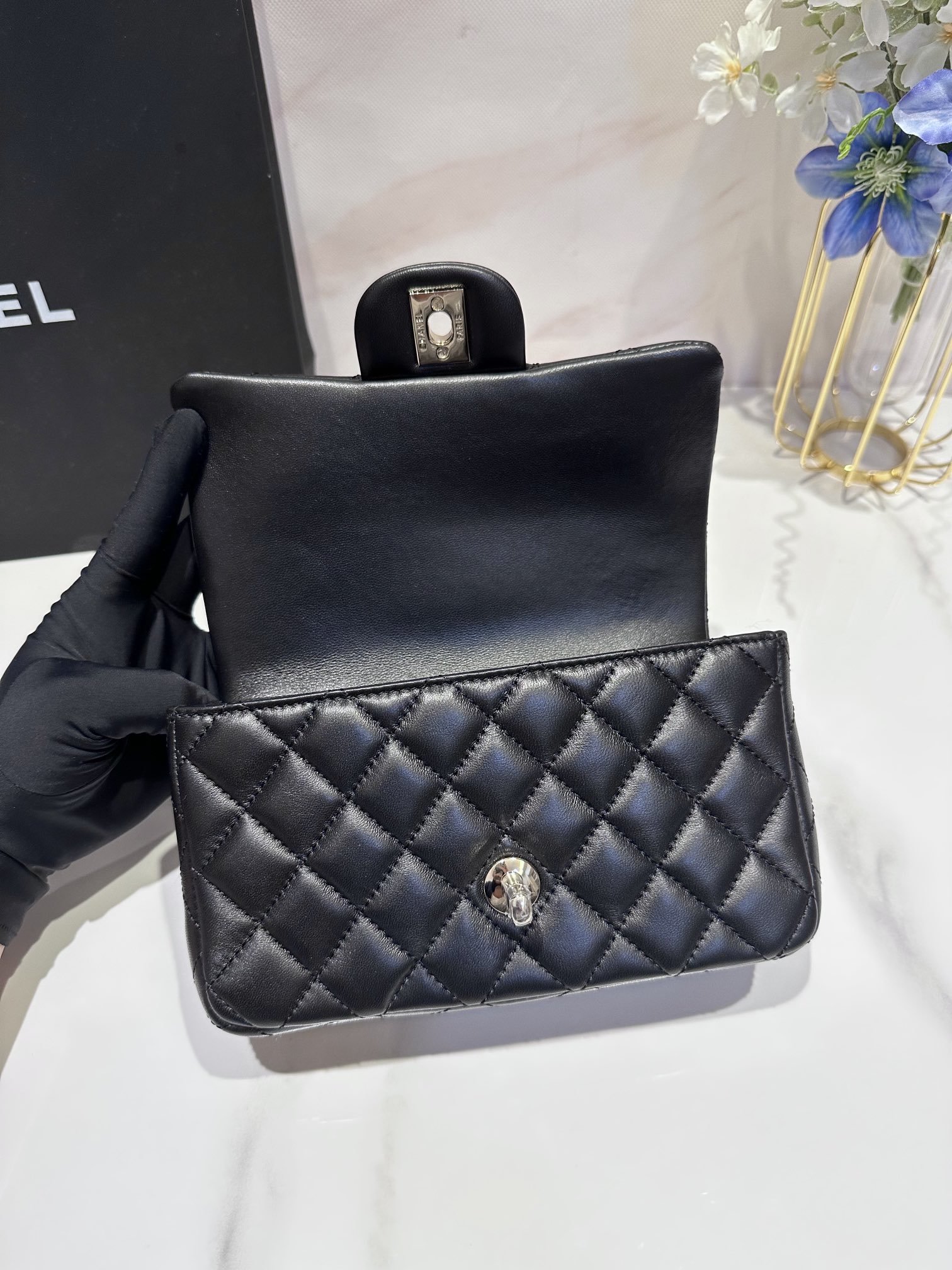 CC Inspired Lambskin Quilted Mini Top Handle Rectangular Flap Black Sier Hardwear Bag - Gorchic - $152.99