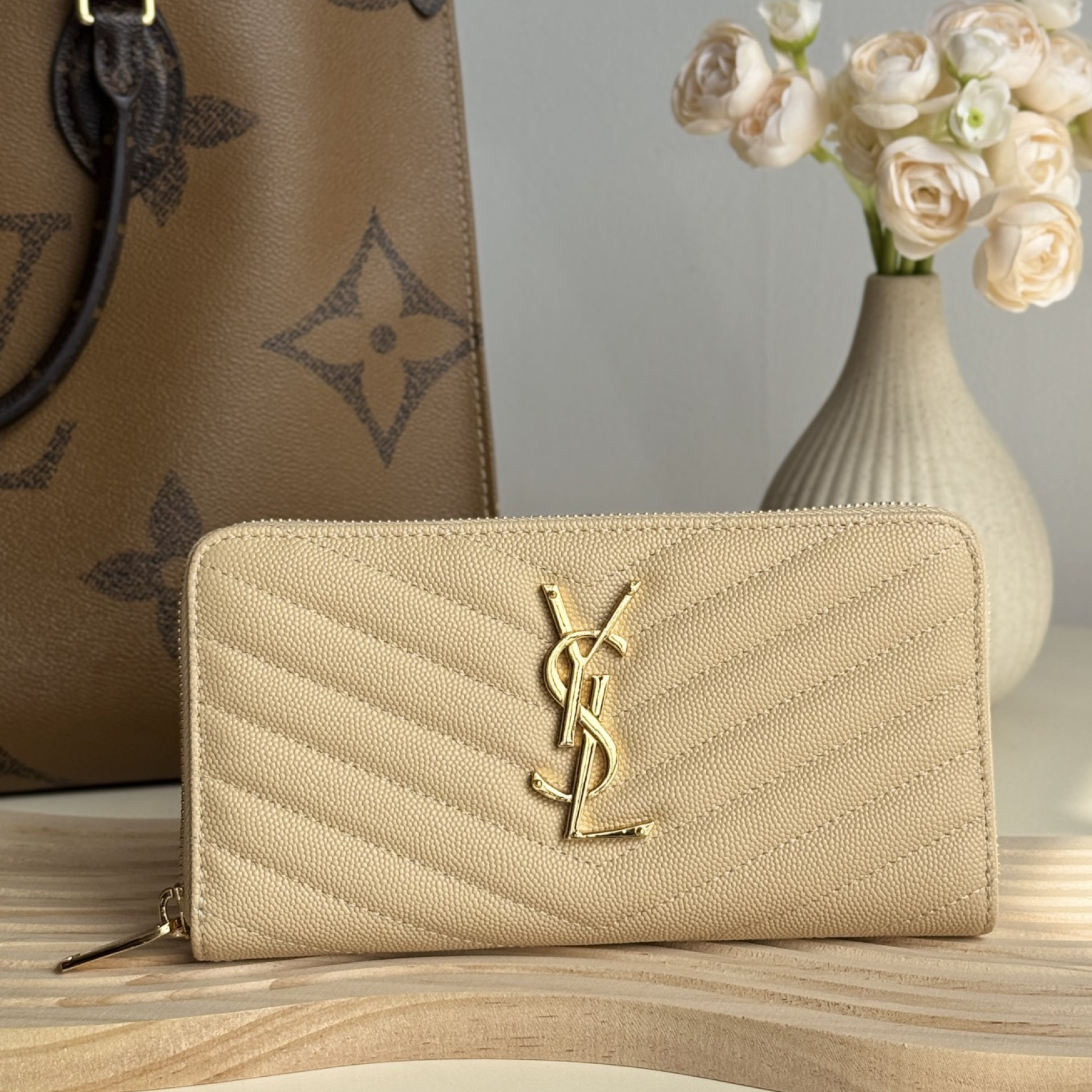 Lady Designer Monogramme leather Wallet -Apricot Wallet - Gorchic - $52.99