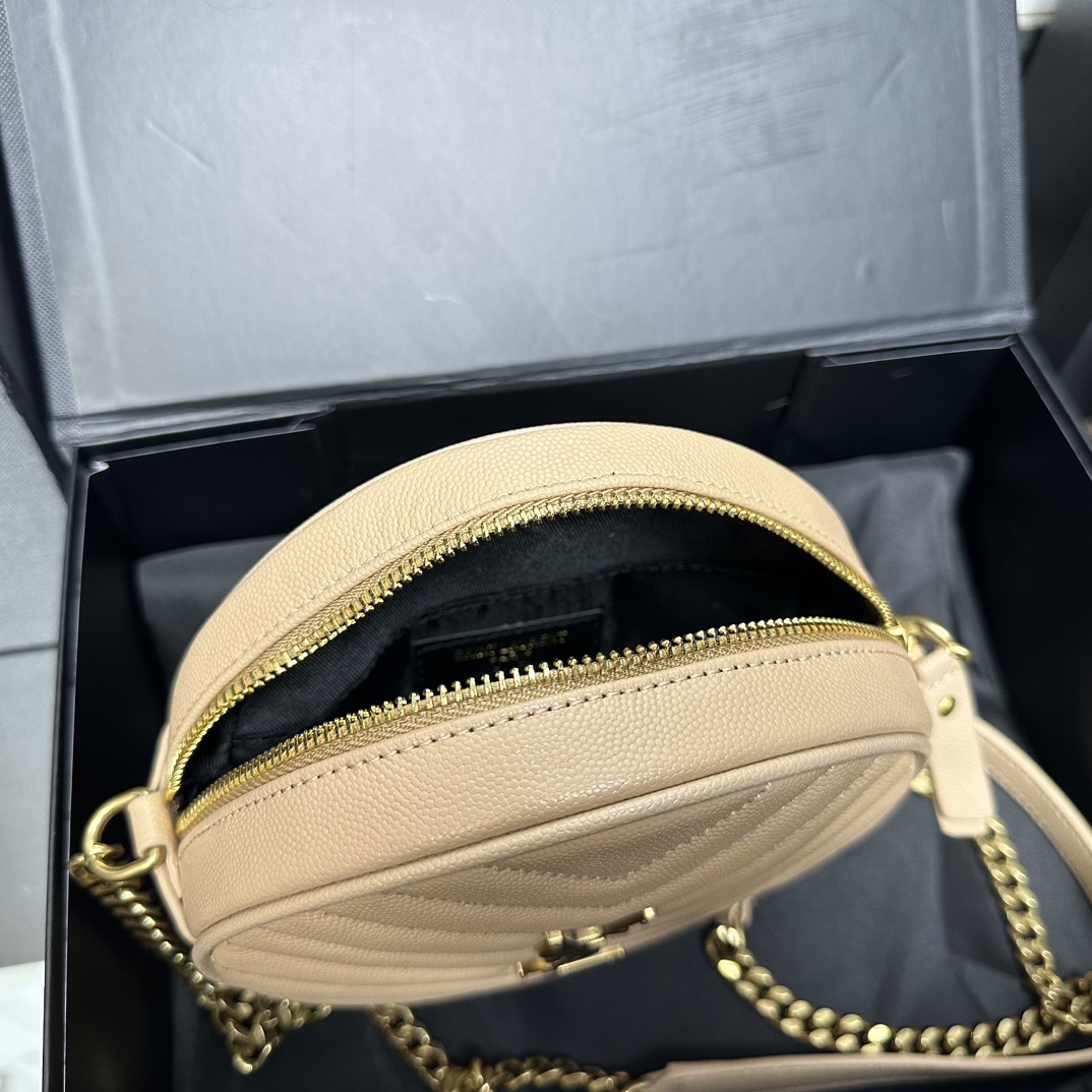 Lady Designer Grain De Poudre Matelasse Chevron Quilted Round Vinyle Camera Bag Dark Beige-Gold hardware - Bag - Gorchic - $131.99