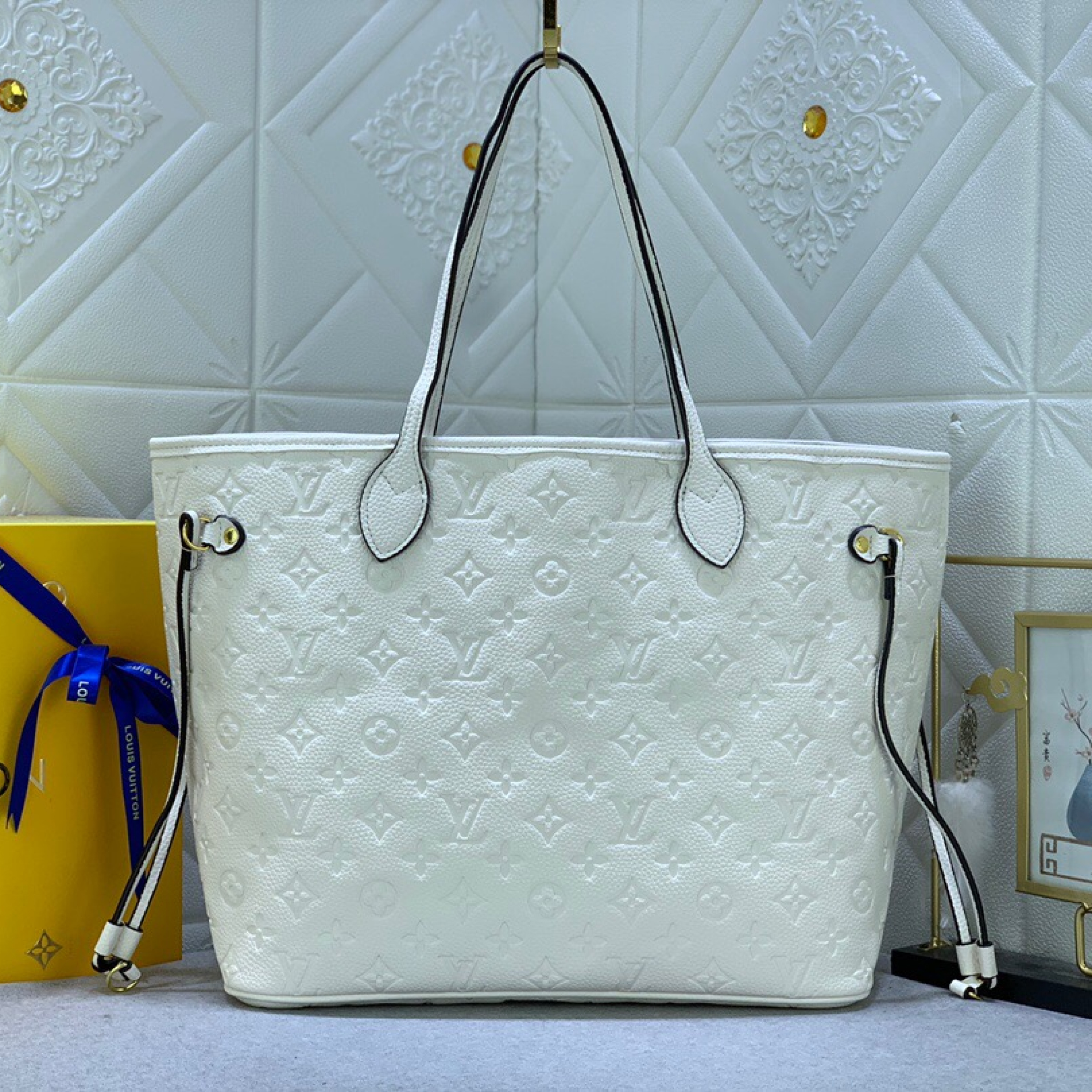 Designer Monogram Empreinte Leatherr Canvas Neverfull MM Cream Bag - Gorchic - $129.99