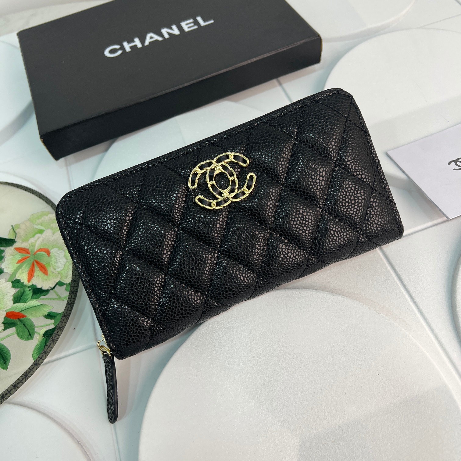 CC Inspired Boy Zip Around Wallet Quilted Caviar Long-Fish Seed Gold Wallet - Gorchic - $52.99