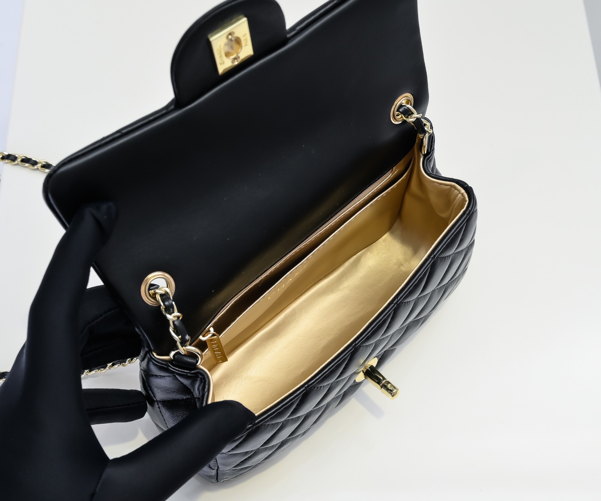 CC Inspired Classic Flag Bag CC Pearl Crush Mini Square Flap Bag Black Calfskin Antique Gold Hardware - Bag - Gorchic - $127.99