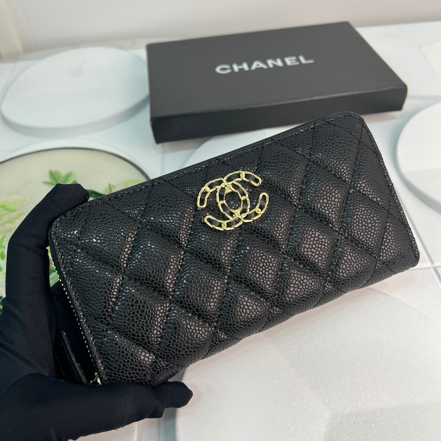 CC Inspired Boy Zip Around Wallet Quilted Caviar Long-Fish Seed Gold Wallet - Gorchic - $52.99