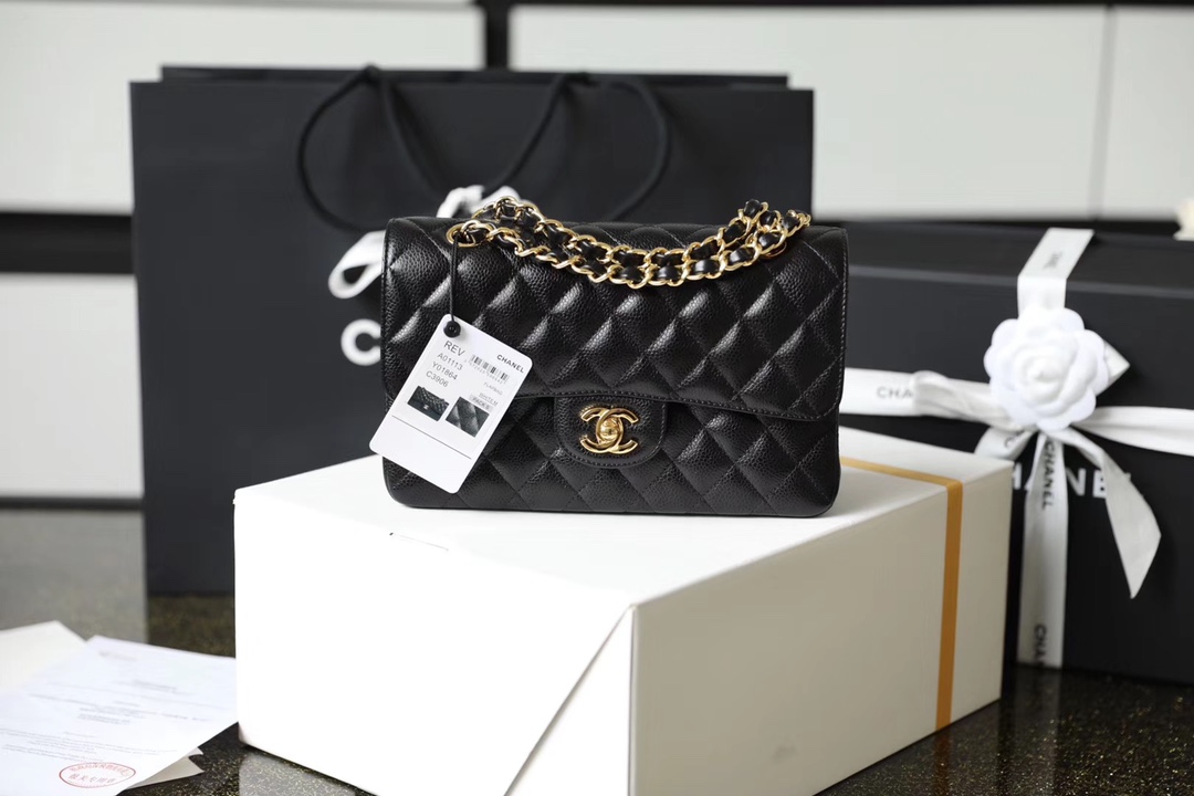 CC Inspired Classic Flag Bag Small Classic Double Flap Black Caviar Gold Hardware - Bag - Gorchic - $125.99