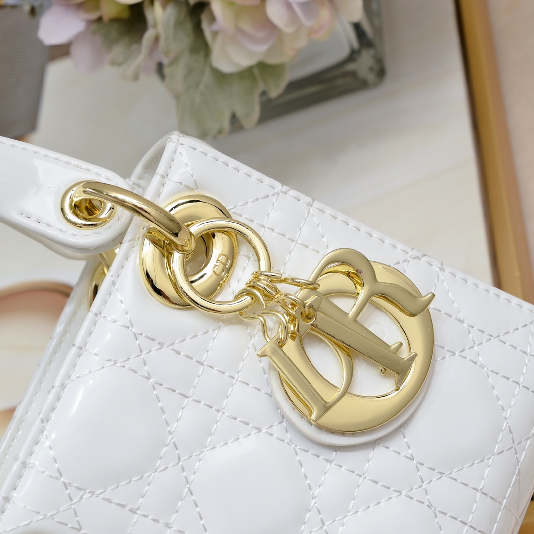 D Inspired Mini Lady D Inspired Bag Powder White Patent Cannage Calfskin Golden Hardware - Bag - Gorchic - $138.99
