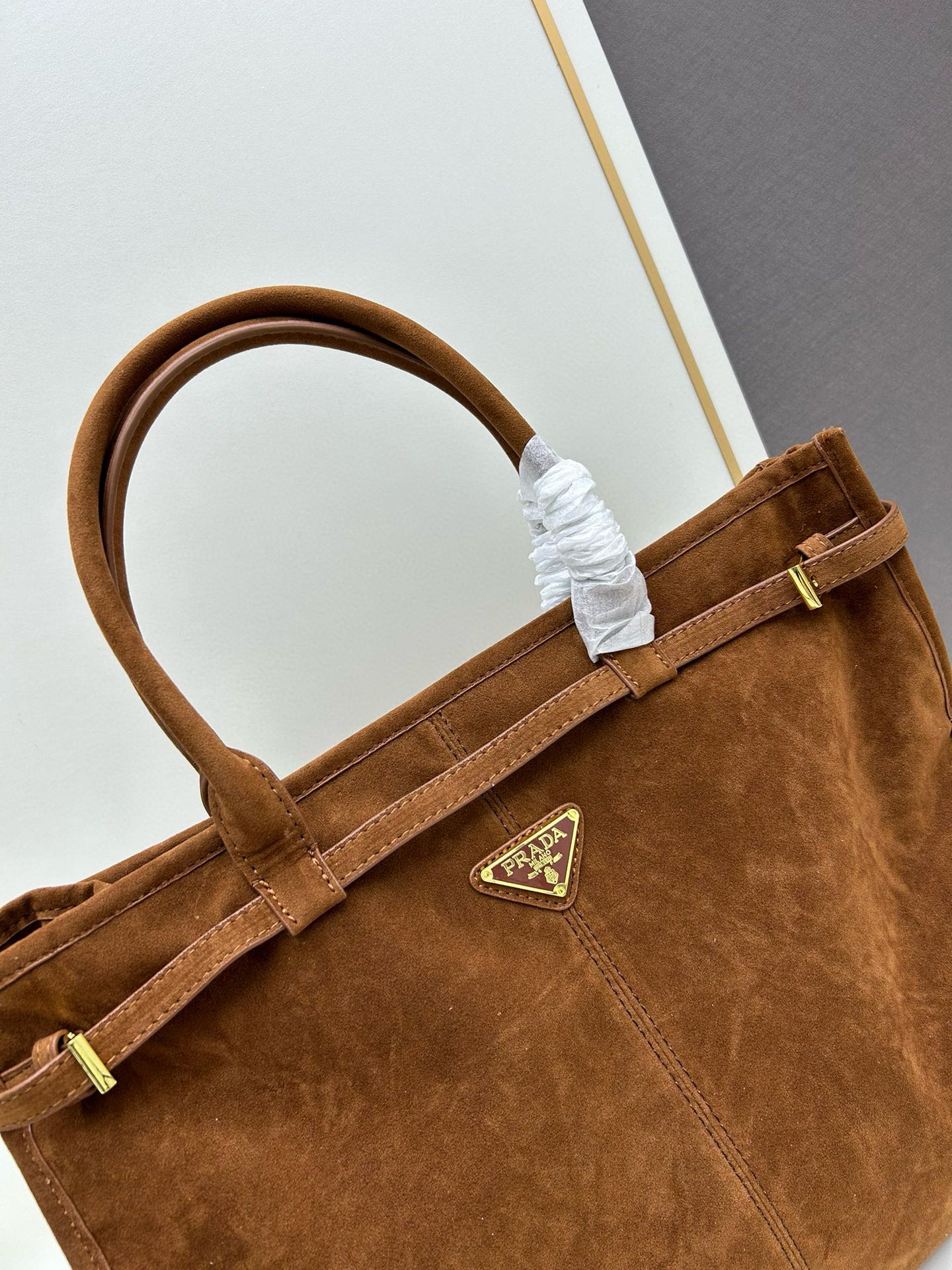 Saffiano texture Large Suede Brown handbag - Gorchic - $136.99