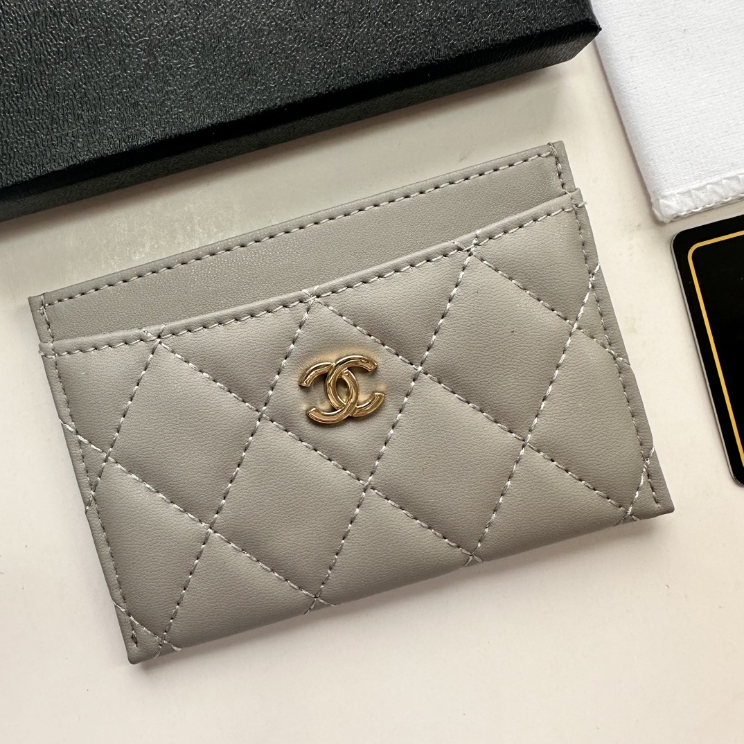 CC Inspired CLASSIC CARD HOLDER Grained Shiny Calfskin & Gold-Tone Metal  Light Gray -Wallet - Gorchic - $37.99