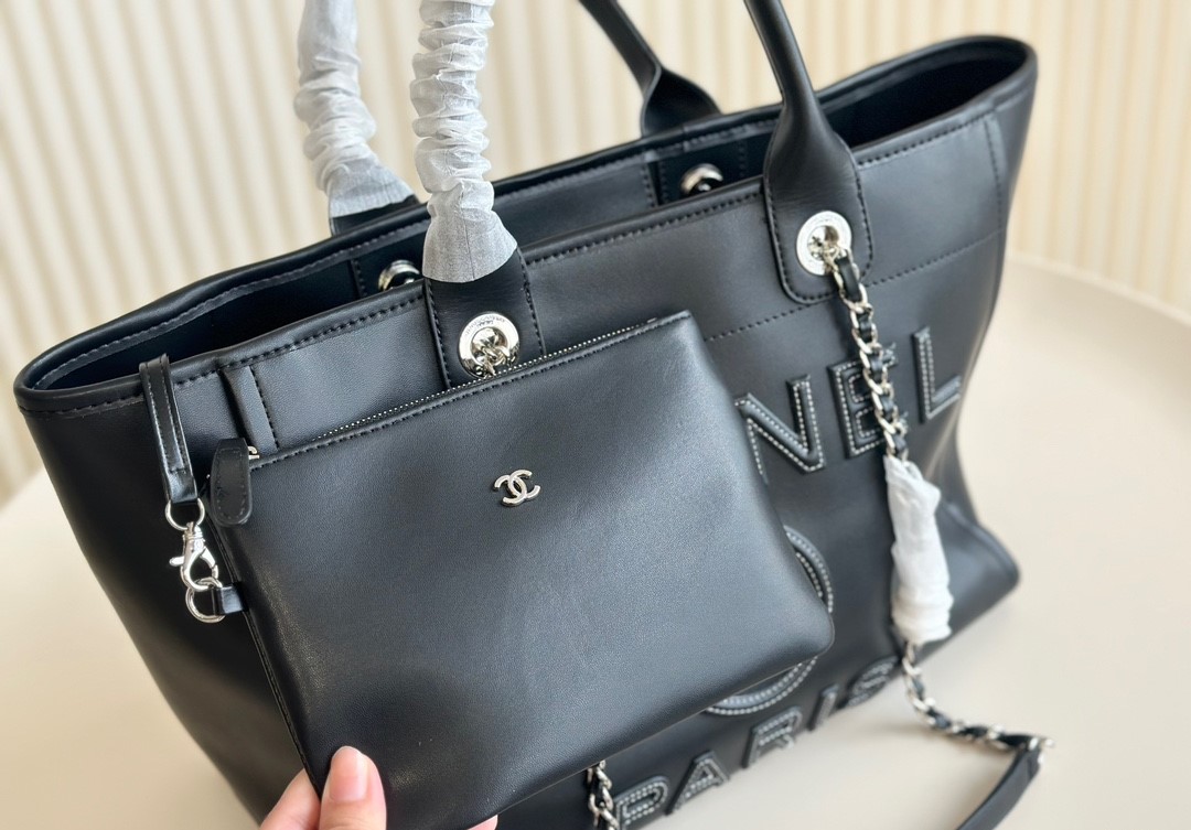 CC Inspired Shopping Tote Bag Mixed Fibres, Calfskin & Sier-Tone Metal-Black - Bag - Gorchic - $148.99