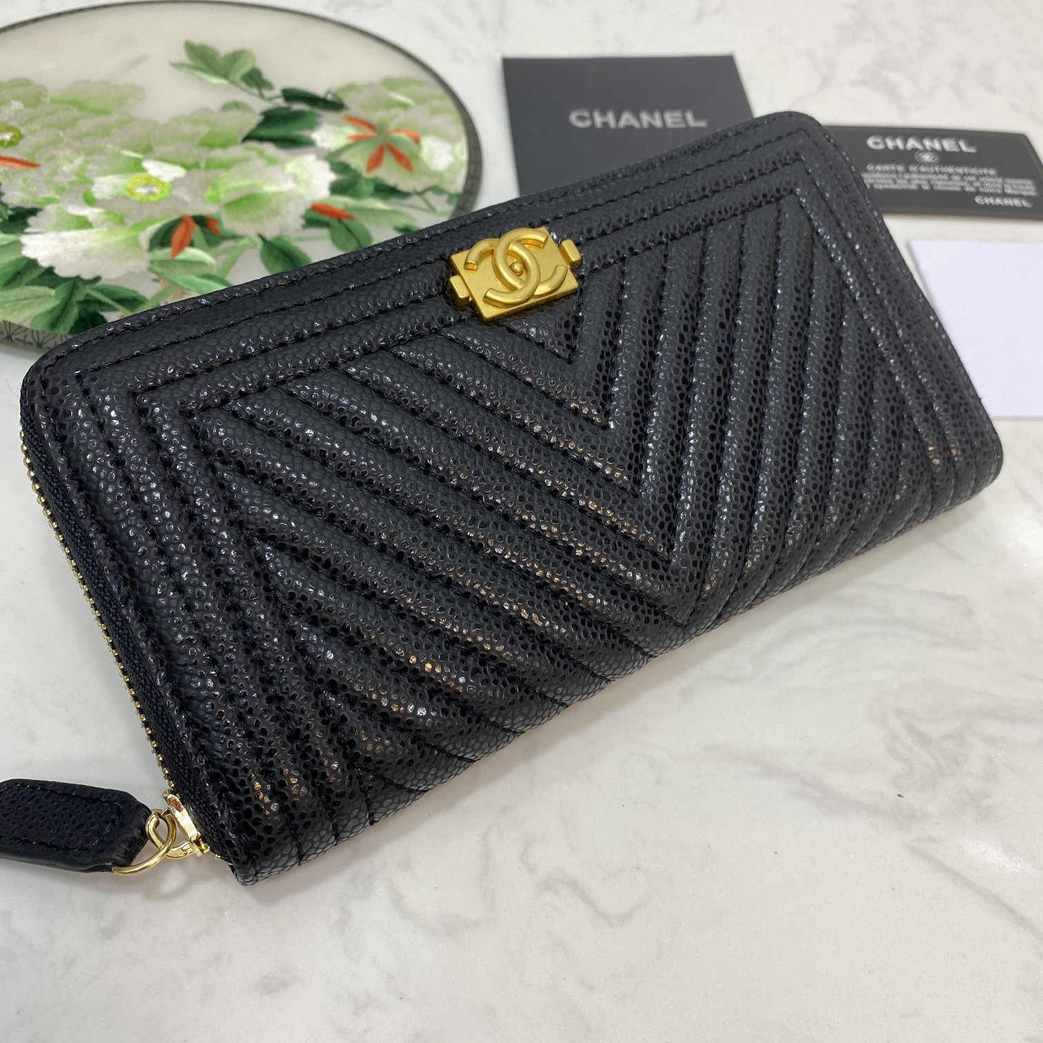 CC Inspired Caviar Chevron Quilted Wallet -Fishseed Pattern Gold Wallet - Gorchic - $52.99