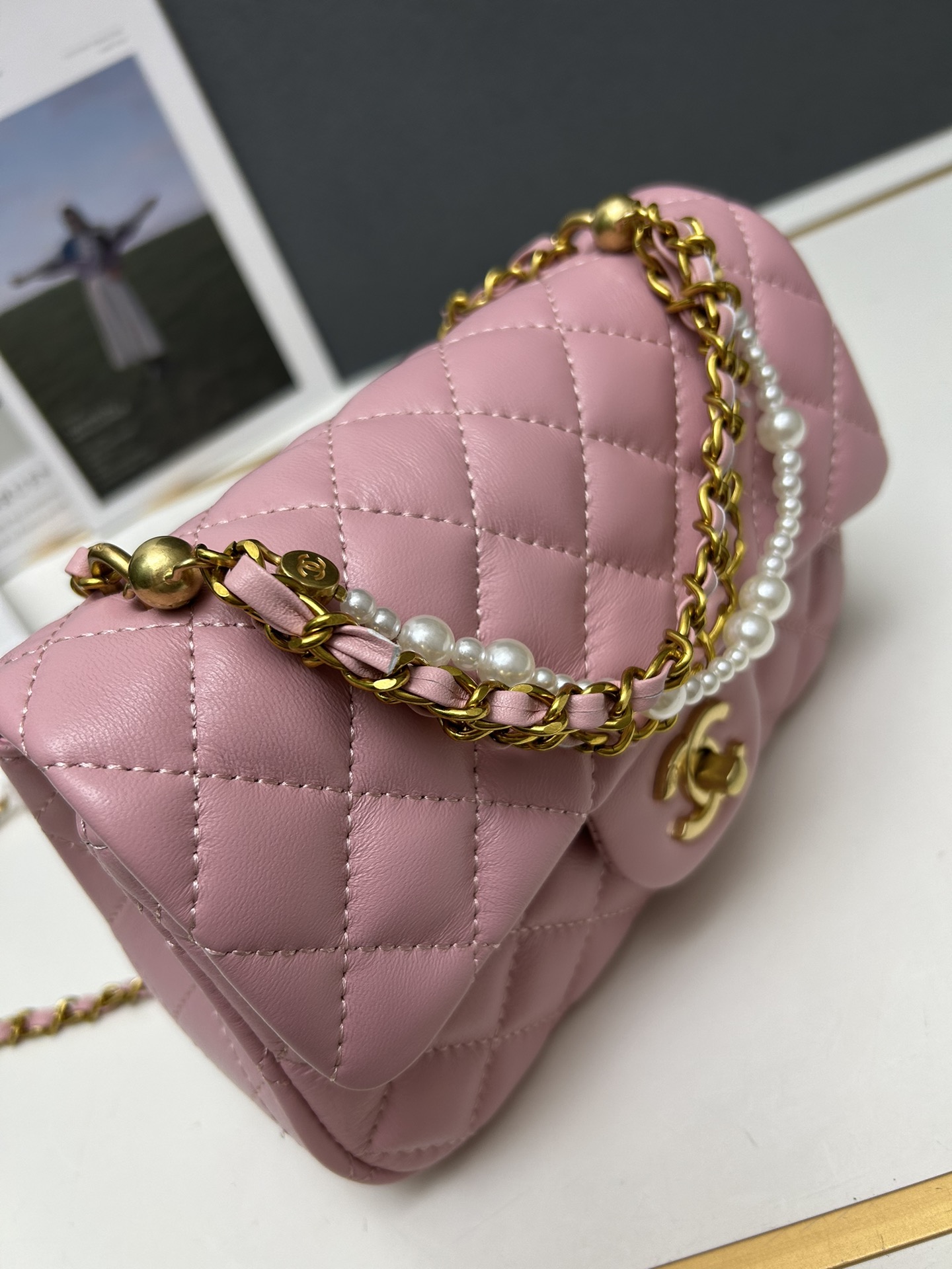 CC Inspired Mini Square Pearl Flap Bag Light Pink Leather Gold Hardware - Gorchic - $132.99