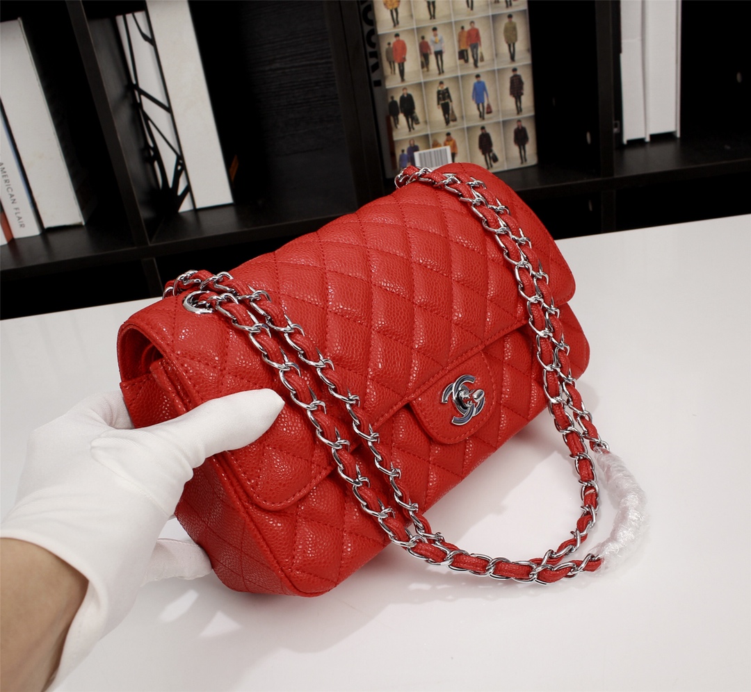 CC Inspired Classic Double Flap Bag Red Caviar Sier Hardware - Bag - Gorchic - $122.99