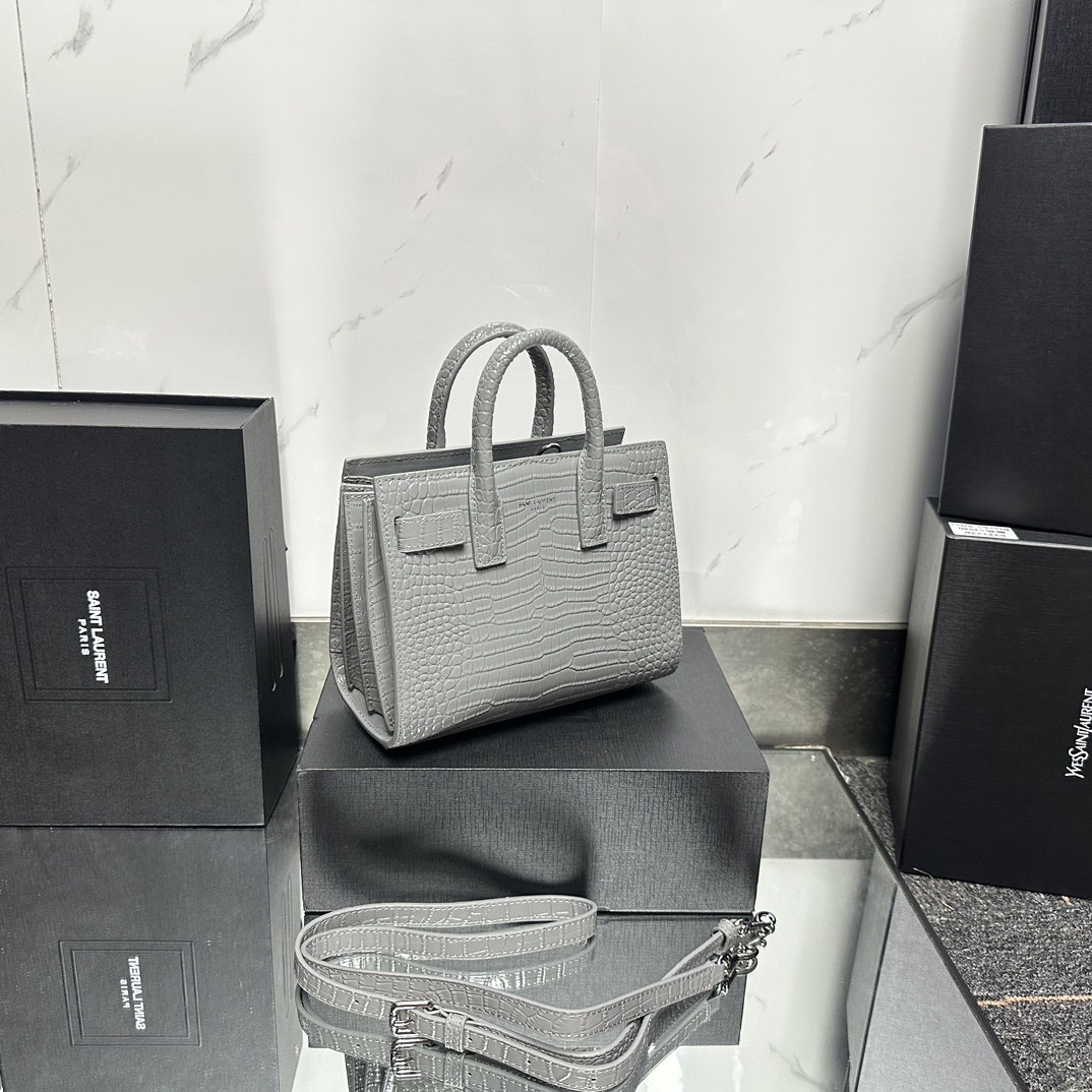 Lady Designer Grey Croc Embossed Leather Nano Classic Sac De Jour Tote - Bag - Gorchic - $175.99