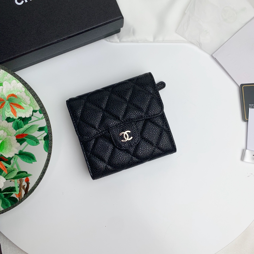 CC Inspired Flap Compact Wallet Quilted Caviar Gold-tone Black - Gorchic - $85.99