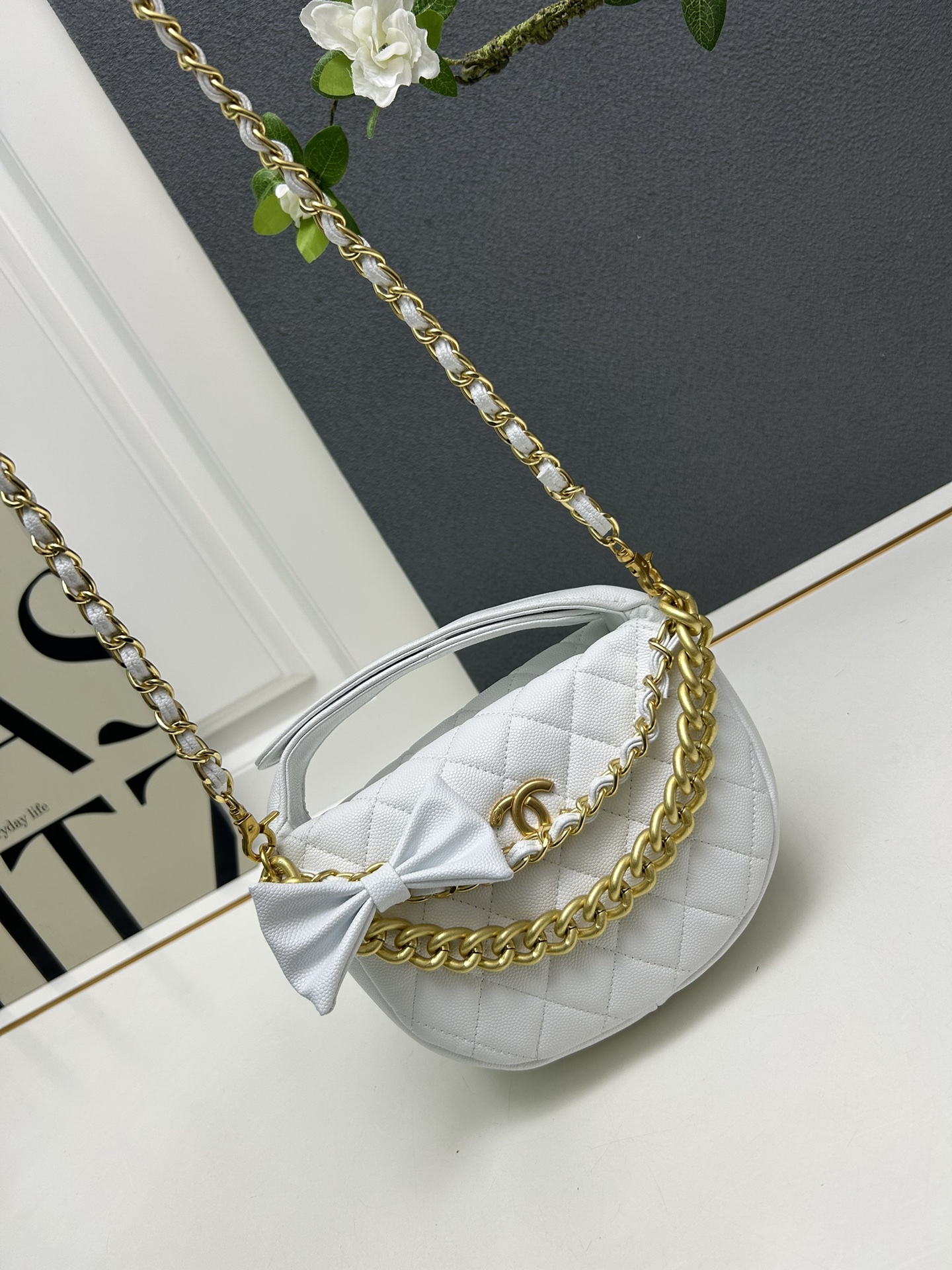 CC Inspired Shiny Caviar Quilted Bow Pouch Hobo White - Gorchic - $145.99