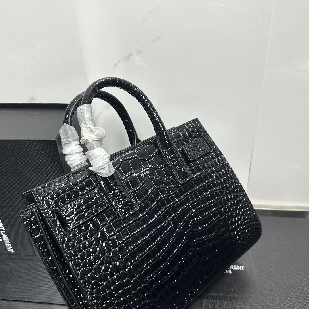 Lady Designer Black Croc Embossed Leather Nano Classic Sac De Jour Tote - Bag - Gorchic - $175.99