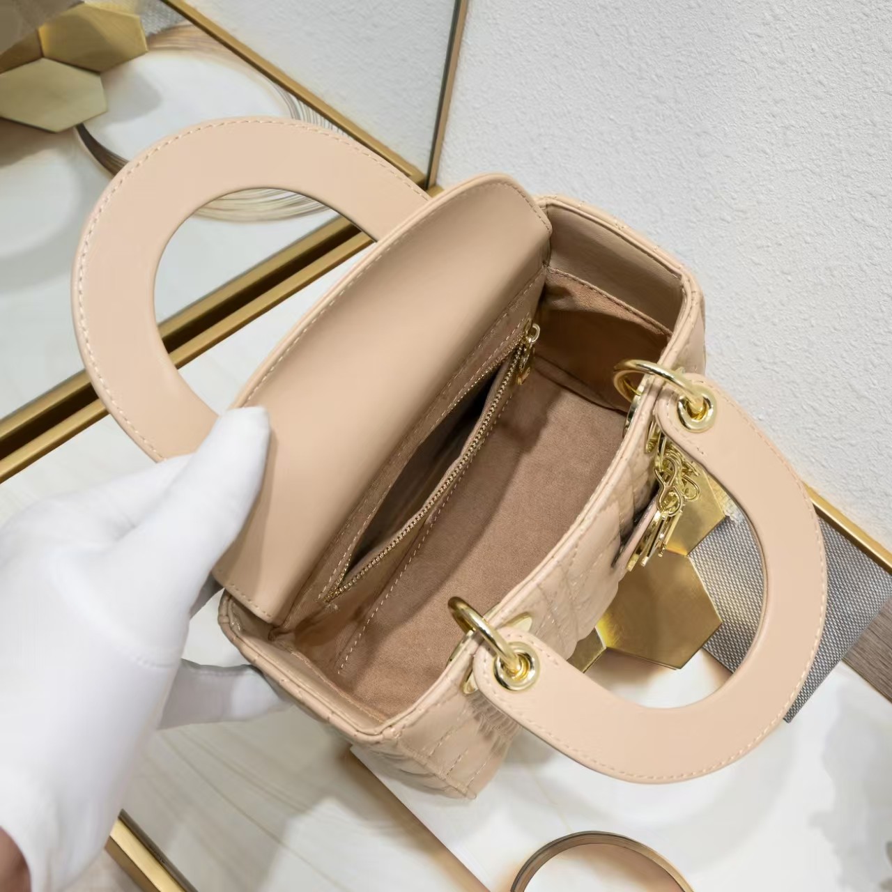 D Inspired Small Lady D Inspired Bag Powder Patent Cannage Calfskin Golden Hardware - Bag - Gorchic - $137.99